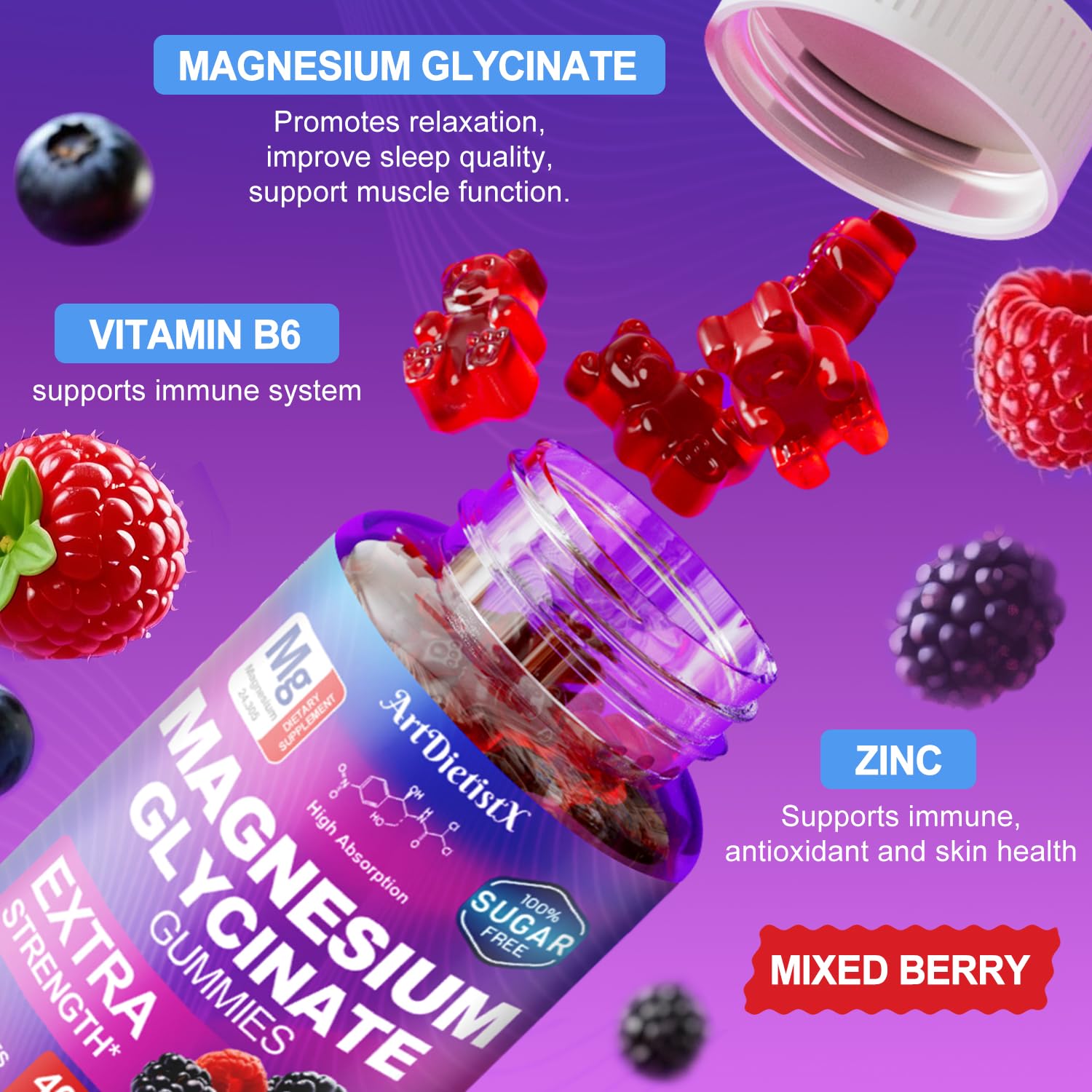 Magnesium Glycinate Gummies 400mg, Sugar Free Mаgnеsium Gummiеs for Adults with Magnesium Malate, Zinc, and Vitamin B6 for Sleep, Body Support and Relaxation, Non GMO, 60 Count-Multi-Flavor ArtDietistXAu supplements