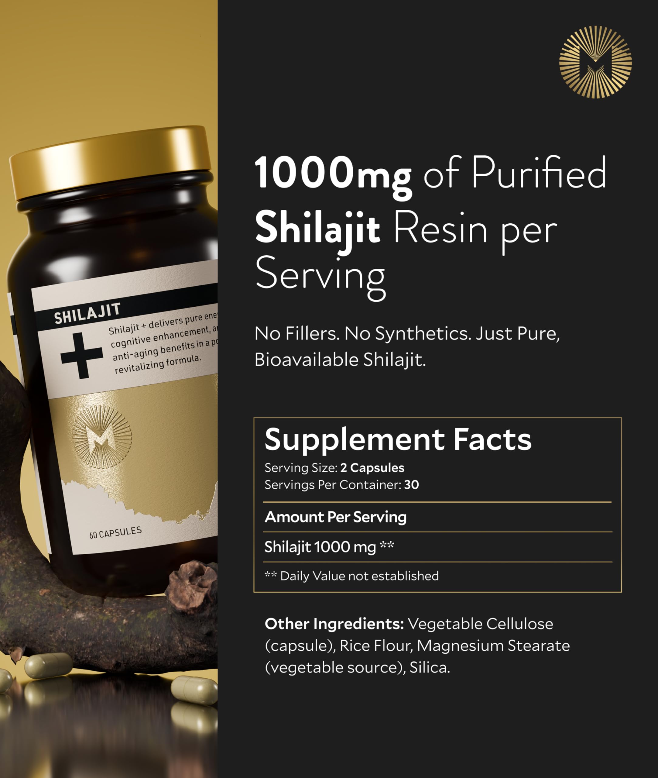 Manna Vitality Shilajit+ Capsules | 1000mg Purified Himalayan Shilajit Resin Supplement | Highest Bioavailability | Energy, Performance, Detox, Vitality, Mental Clarity & Cognitive Support | 60 Count M MannaAu supplements