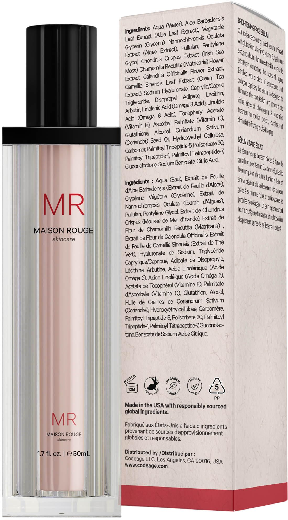 Maison Rouge Brightening Face Serum by Codeage - Glutathione Serum, Vitamin C, E, Hyaluronic Acid, Collagen - Radiance Enhancing - Parabens and Sulfates-Free - Refillable - All Skin Types - 1.7 fl oz CodeageAu supplements