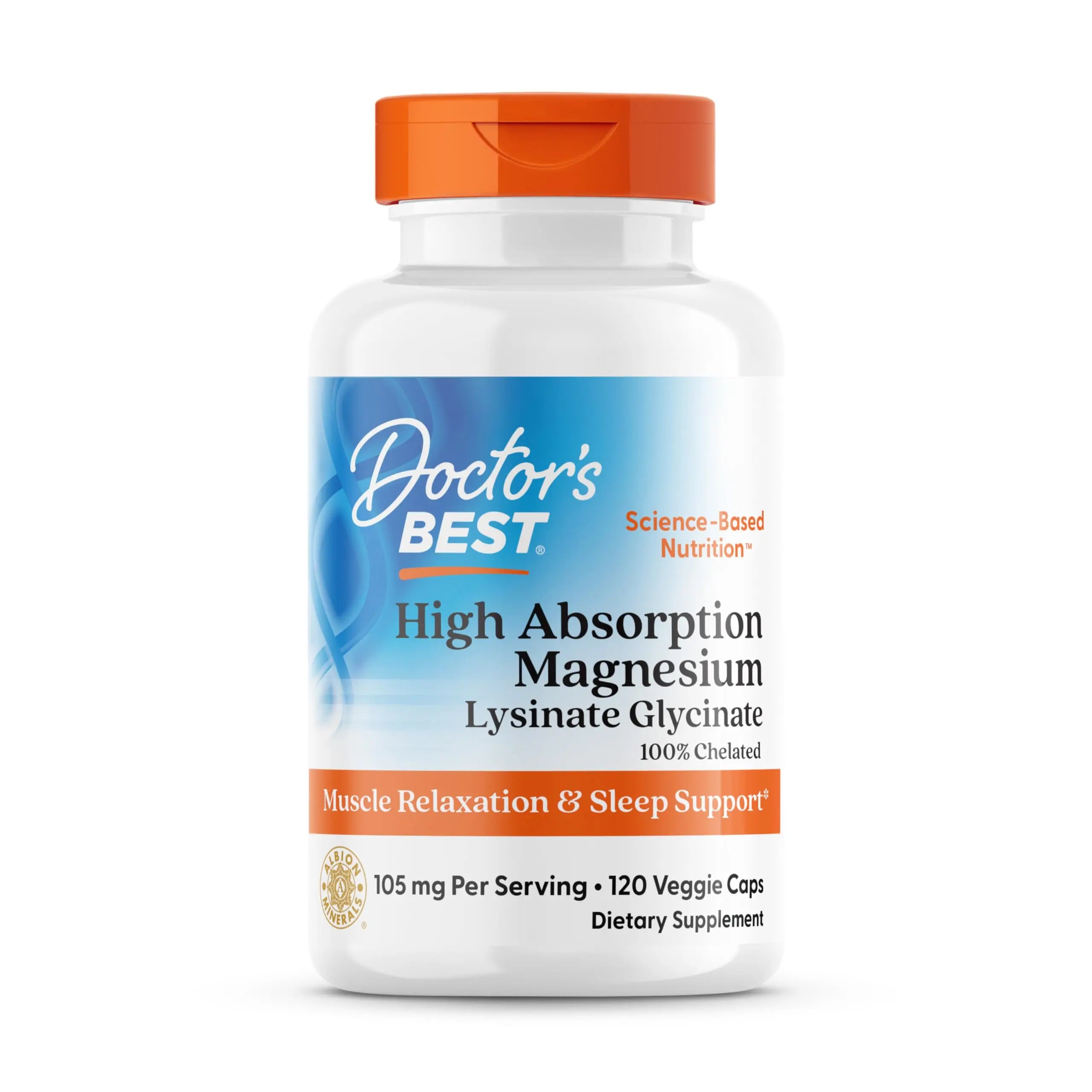 Doctor's Best High Absorption Magnesium Glycinate Lysinate Supplement for Sleep Support - Chelated Magnesium Capsules for Women & Men, 105 mg per Serving, Calm Support, Vegan - 120 Veg Caps Doctor's BESTAu supplements