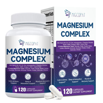 Migcopat Magnesium Complex w/Magnesium Glycinate, Malate, Citrate | 24-in-1 Magnesium Supplement w/Ashwagandha, L-Theanine & NAD+ | Supports Calm, Energy, Muscle & Sleep | Non-GMO, 120 Vegan Caps MigcopatAu supplements