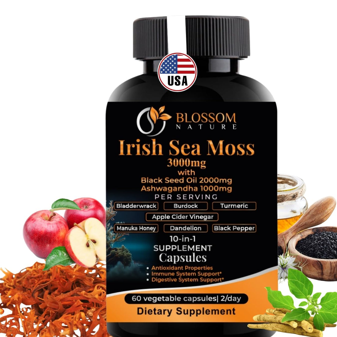 10-in-1 Irish Sea Moss Veggie Caps 3000mg Black Seed Oil Ashwagandha Bladderwrack Burdock Turmeric Apple Cider Vinegar Manuka Honey Dandelion Black Pepper - Made in US(Veggie Caps, Unflavored) Blossom NatureAu supplements