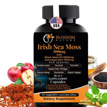 10-in-1 Irish Sea Moss Veggie Caps 3000mg Black Seed Oil Ashwagandha Bladderwrack Burdock Turmeric Apple Cider Vinegar Manuka Honey Dandelion Black Pepper - Made in US(Veggie Caps, Unflavored) Blossom NatureAu supplements