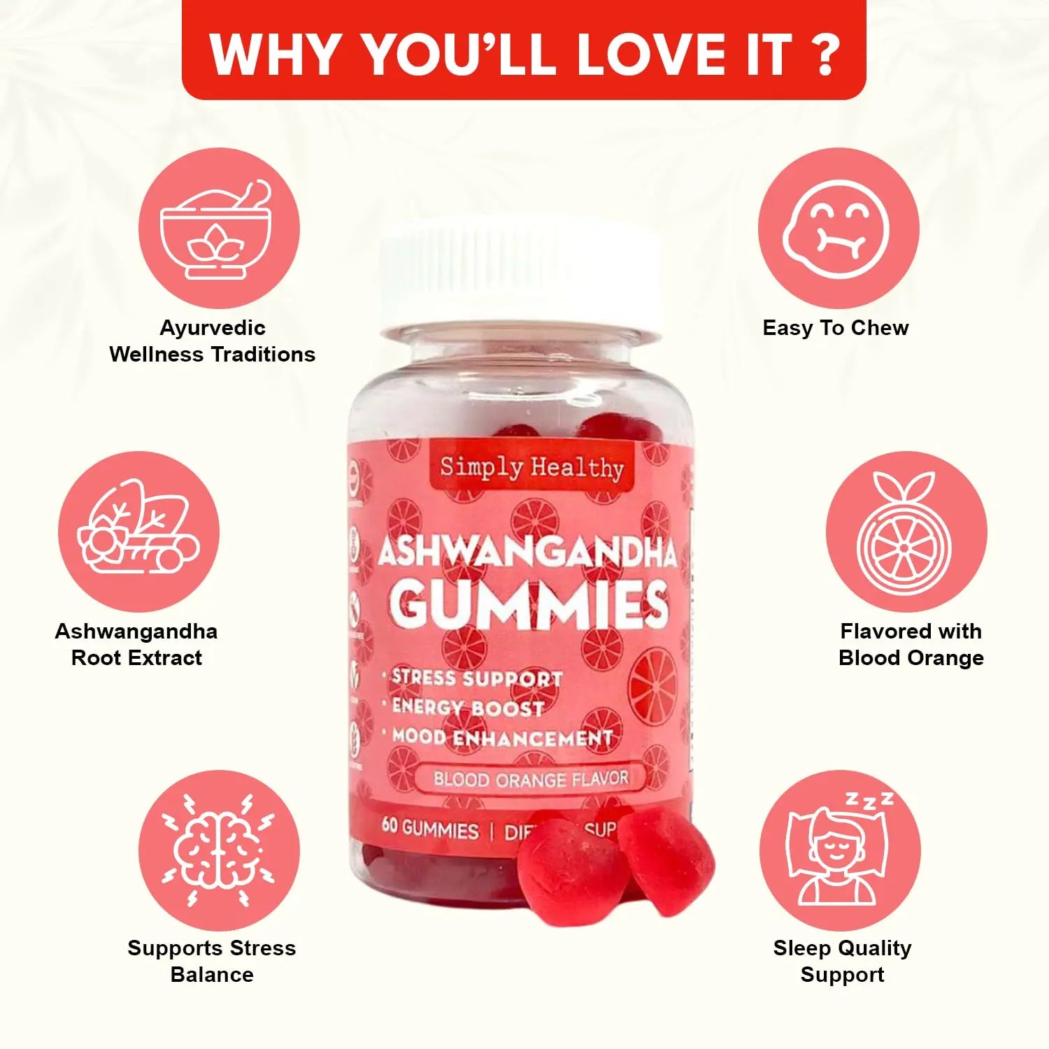 Simply Healthy Premium Ashwagandha Gummies, Stress Support with Blood Orange Flavor, Vegan, Easy to Chew, Daily Aid, Energy Booster, Mood Enhancer, for Both Men and Women, 60 Gummies Simply Healthynz supplements
