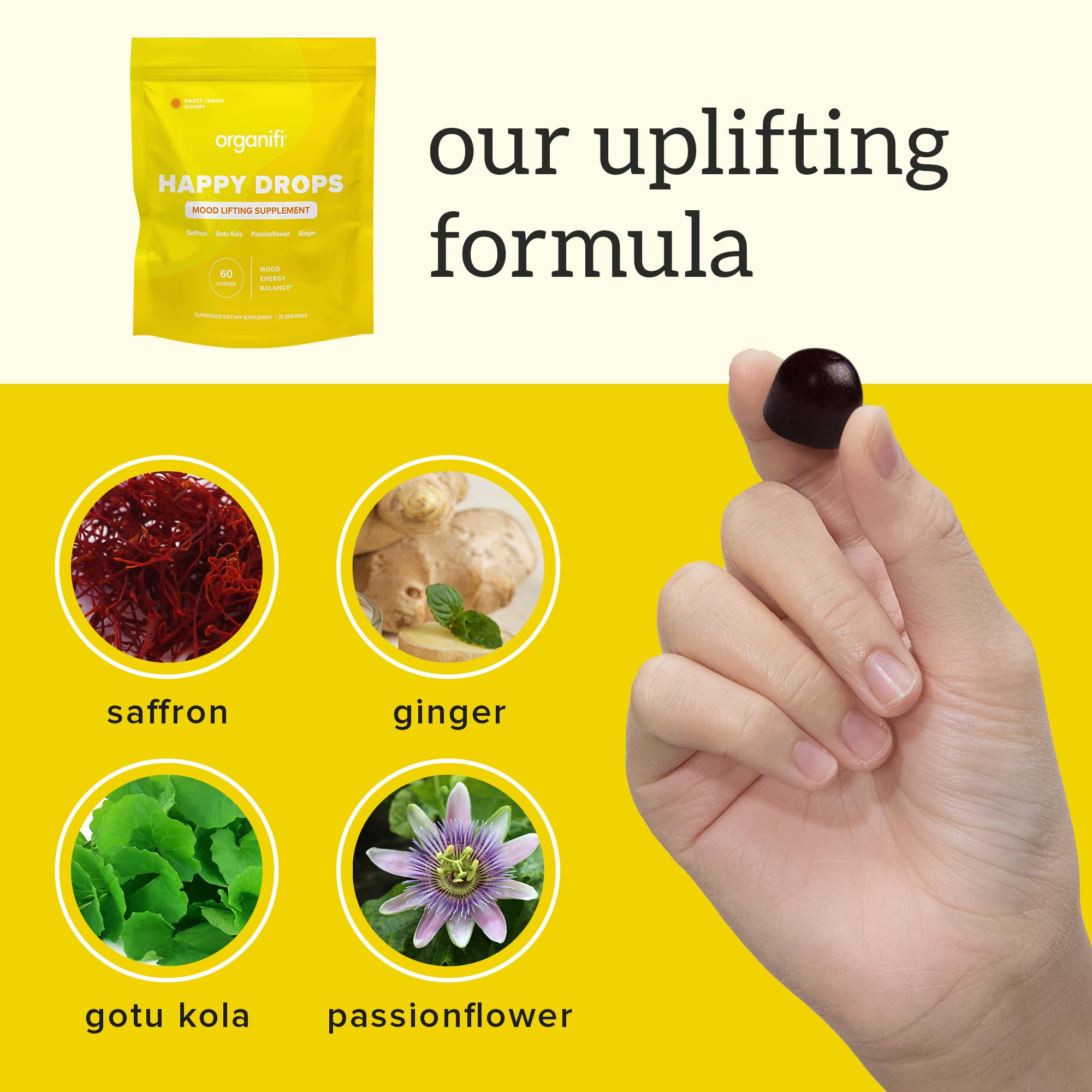 Organifi Happy Drops - Daily Superfood Happy Gummies for Adults - Mood Support Supplement for Balance, Bliss, Energy and Taking the Edge Off - Sweet Lemon Flavor - 60 Gummies OrganifiAu supplements