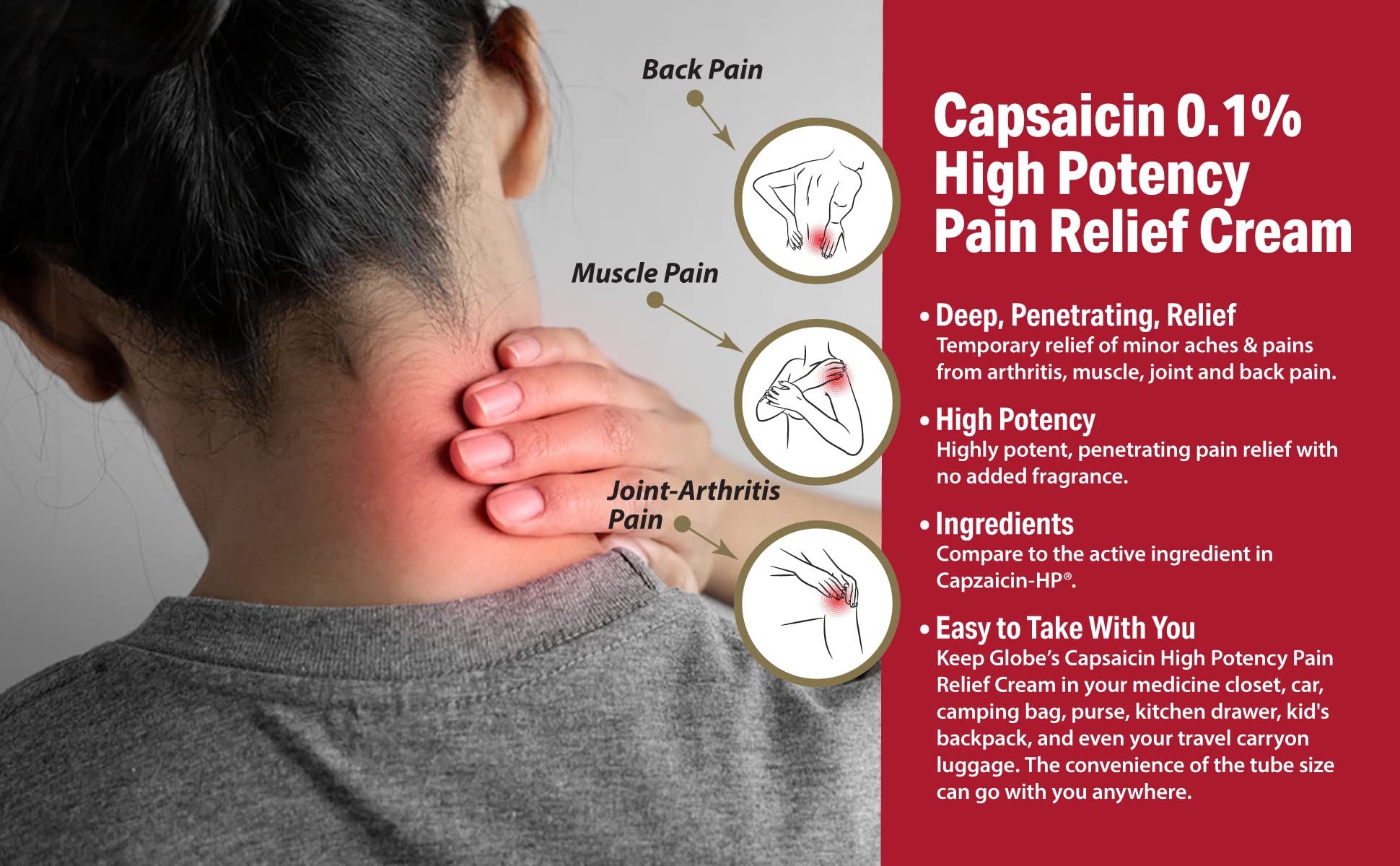 Globe (3 Pack) Capsaicin 0.1% High Potency Pain Relief Cream, Unscented (2 oz) Deep Penetrating Relief from: Arthritis, Muscle, Joint and Back Pain GlobeAu supplements