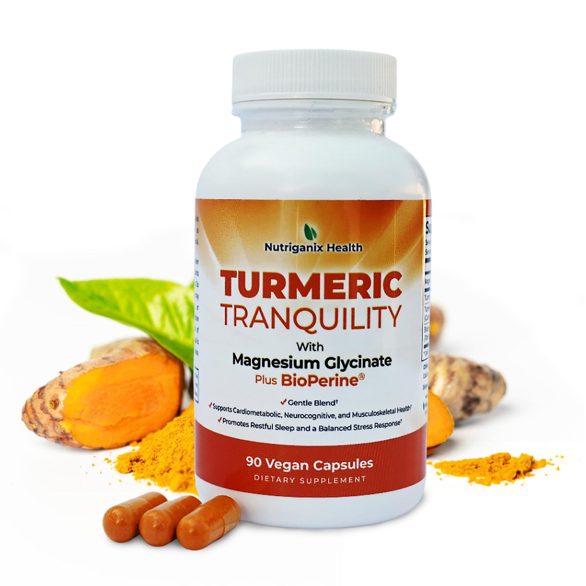 Turmeric Tranquility Turmeric Curcumin & Magnesium Glycinate with BioPerine – Support for Stress Relief, Sleep, Heart Health, Muscles, Metabolism, and Joint Health* - High Absorption - 90 Capsules (1) NutriganixAu supplements