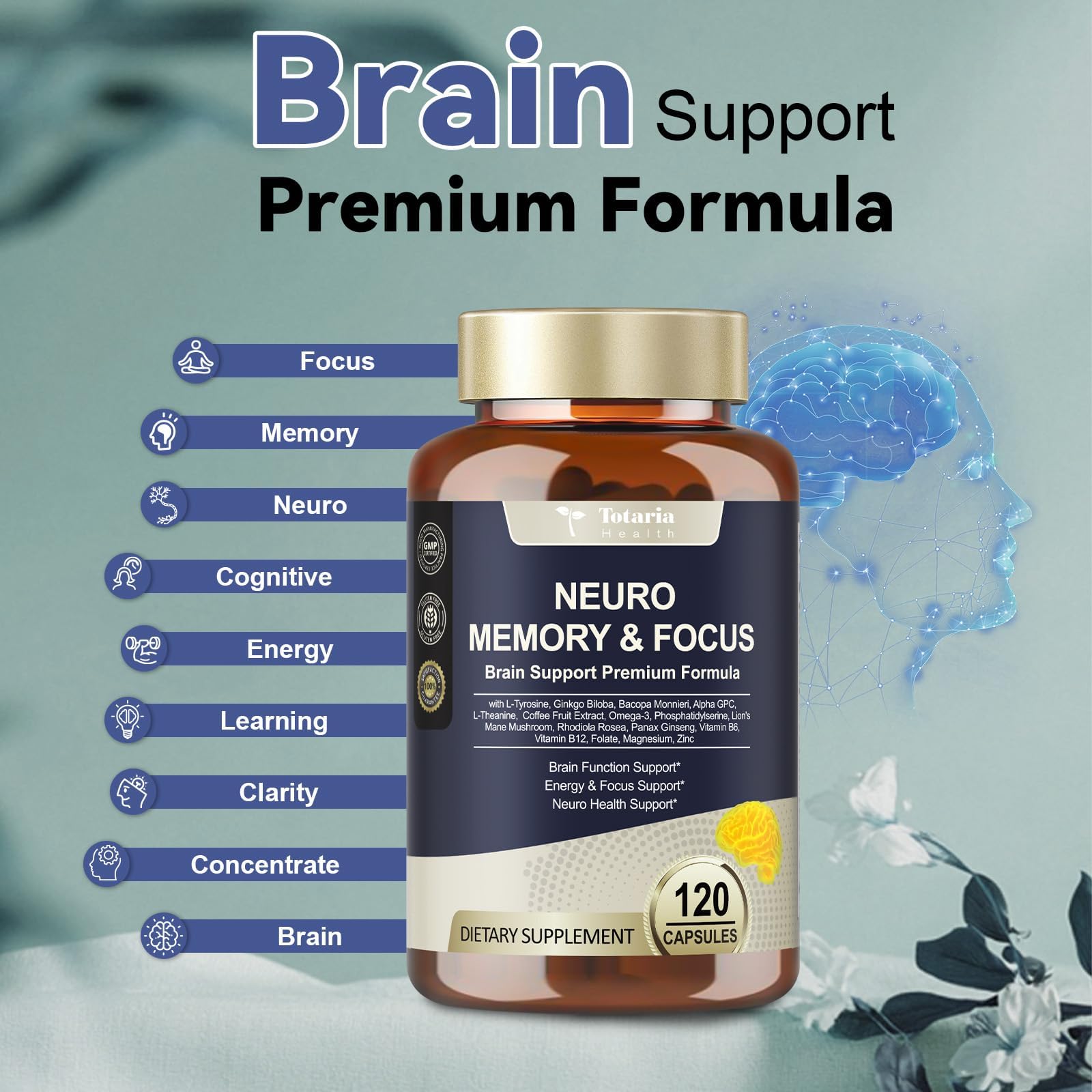 Totaria C-ognitive with Caffeine Pills, L-Tyrosine, Alpha GPC, Ginkgo Biloba, Bacopa Monnieri Brain Supplement for Memory and Focus, Brain Nootropic Support - Non-GMO, Gluten Free (2 Packs) TotariaAu supplements