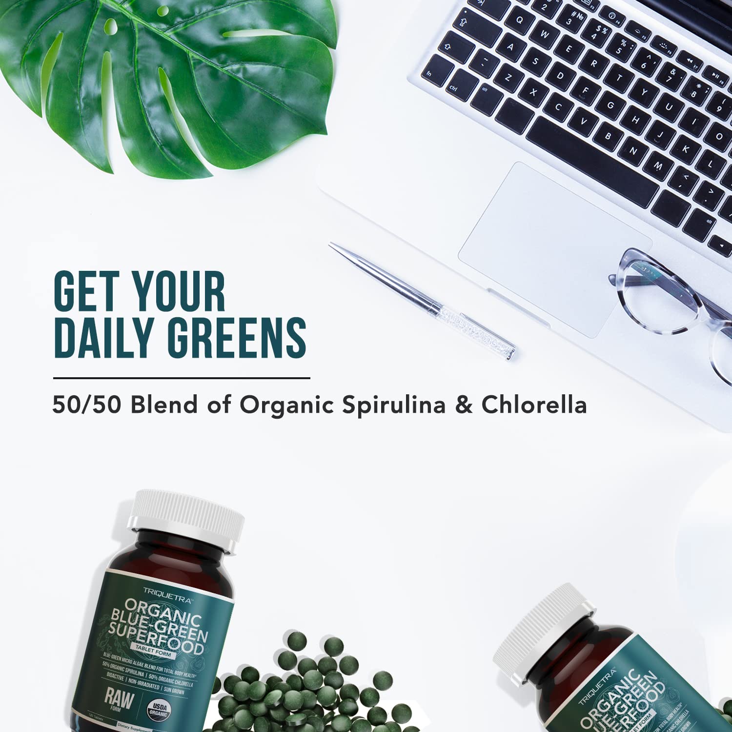 Organic Spirulina & Chlorella Tablets – 4 Organic Certifications, Raw, Non-Irradiated – 50/50 Blue Green Algae Blend – Antioxidant Content Equal to 5 Servings of Vegetables (120 Tablets) Triquetra HealthAu supplements