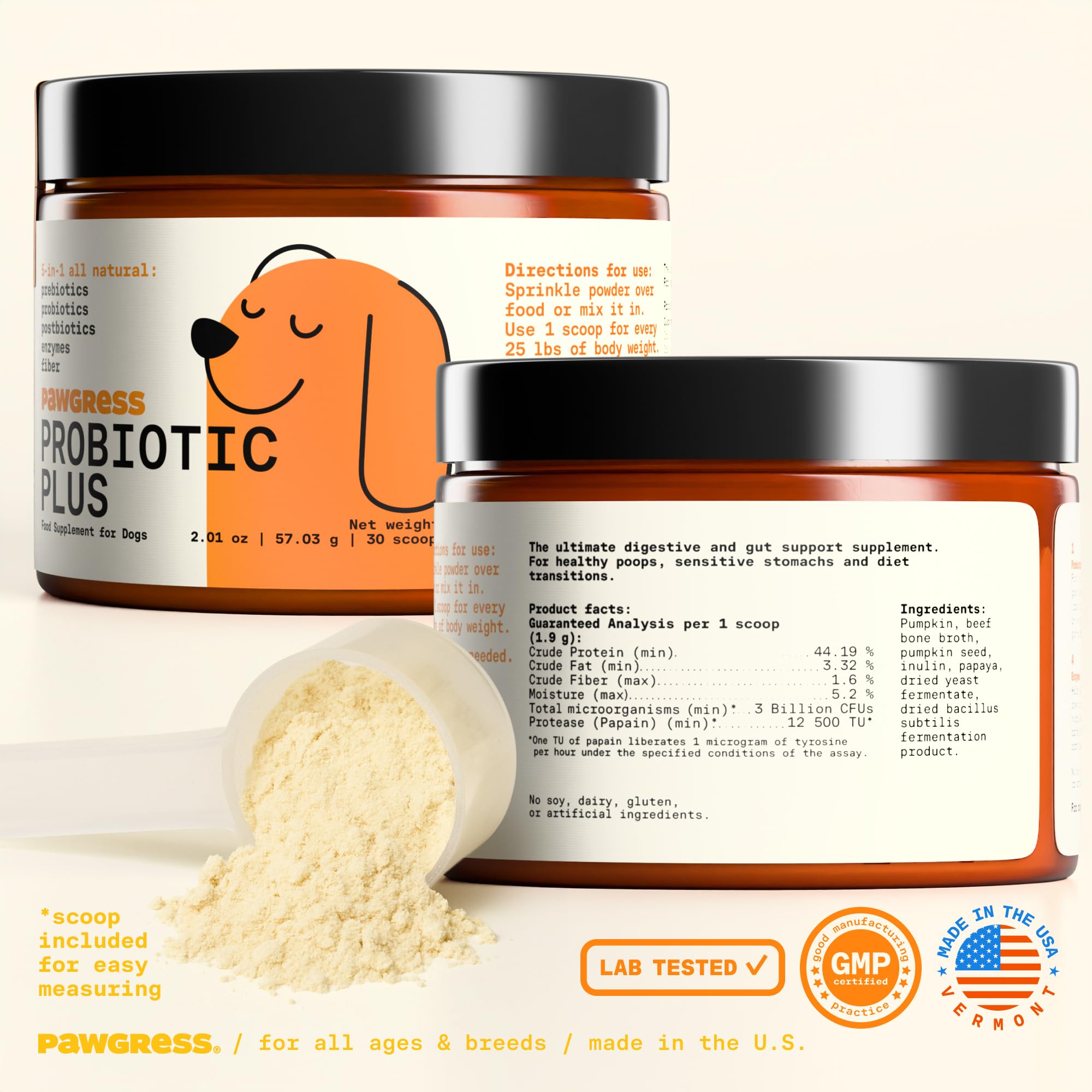 Pawgress 5-in-1 Dog Probiotic Powder – 100% Natural Gut Health Support with Prebiotics, Postbiotics & Enzymes - Made in USA – 30 Scoops PAWGRESSAu supplements