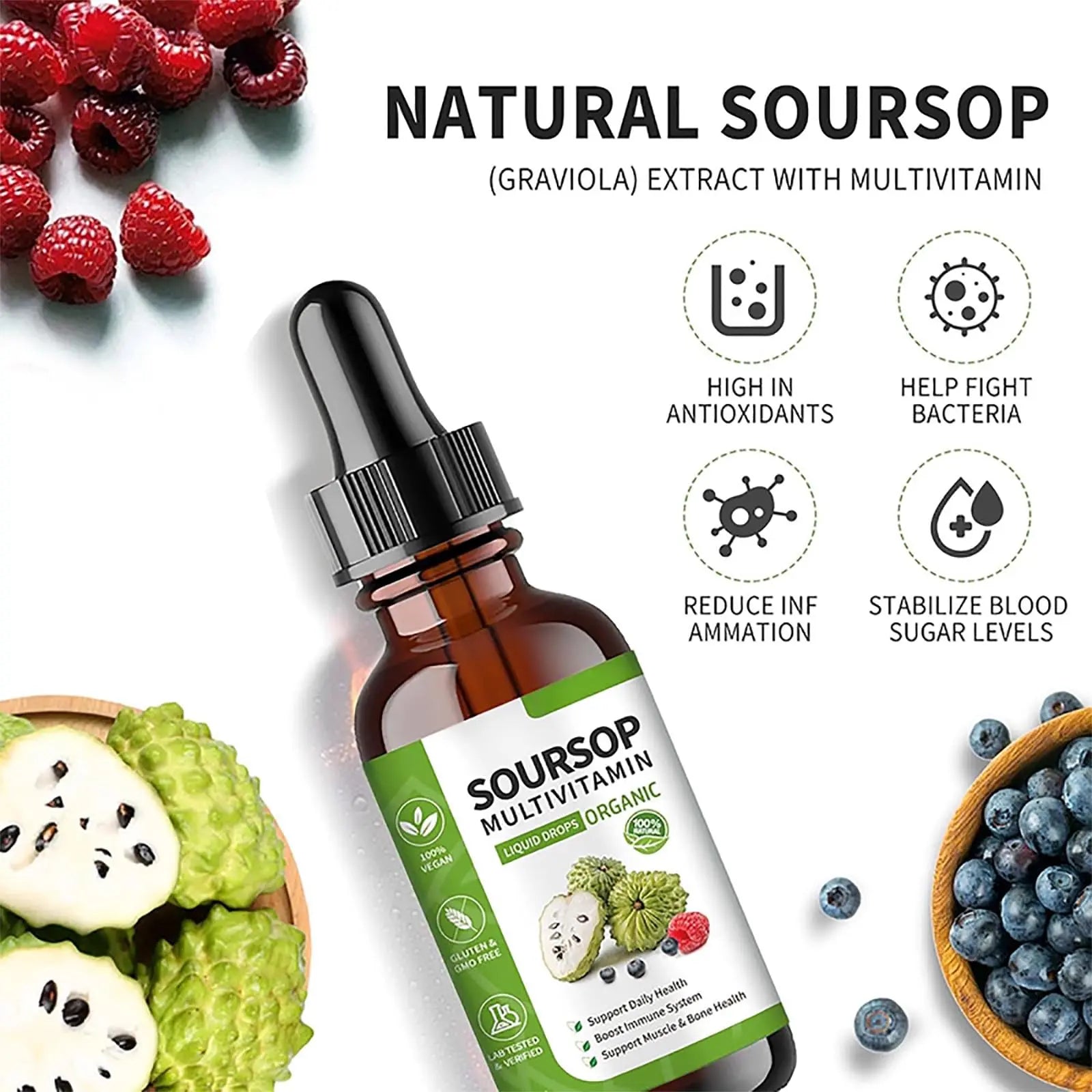 Soursop Bitters Liquid 2 Fl Oz, Soursop Graviola Leaf Extract Liquid Drop, Soursop Multivitamin Liquid Drops Organic for Cell Support, Immune System, Relax bogomoAu supplements