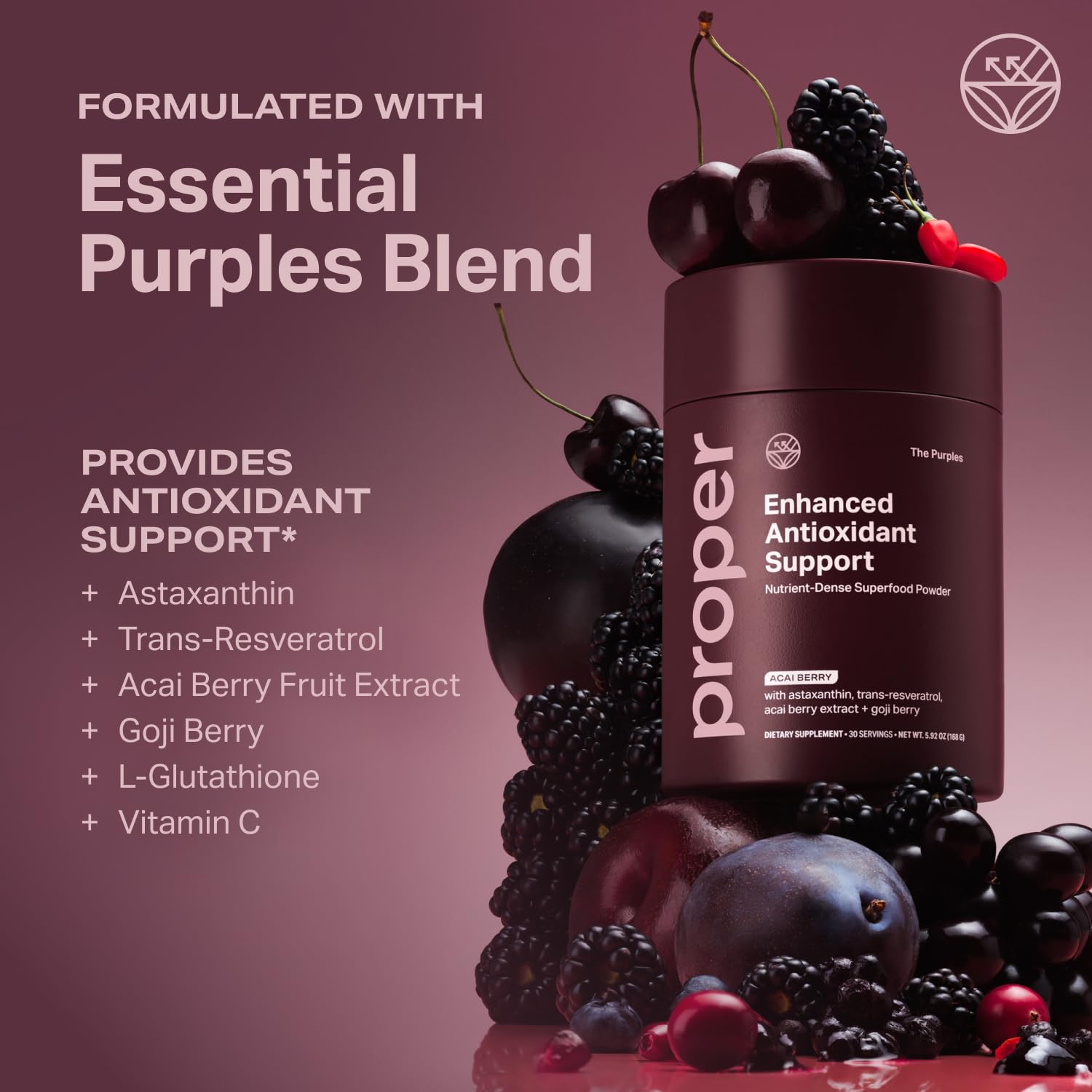 Proper, The Purples Nutrient-Dense Superfood Powder - Antioxidant Supplement and Cellular Support – Acai, Amla, Blueberry, Vitamin C, B Vitamins & More - Enhanced with Prebiotic Fiber & Probiotics ProperAu supplements