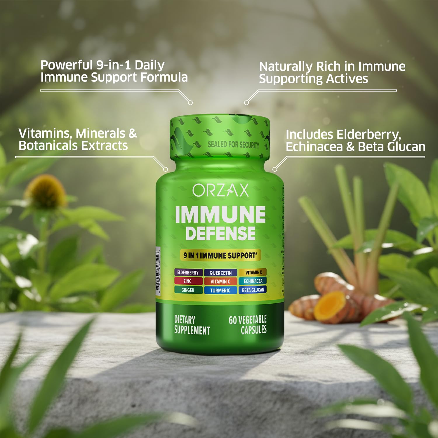 ORZAX 9 in 1 Immune Defense Booster Herbal Supplement, Specialized High Strength Formula - Vitamin C & D, Zinc, Quercetin, Turmeric & Ginger, Echinacea - Non-GMO - 60 Veggie Capsules - 30 Day Supply ORZAXAu supplements