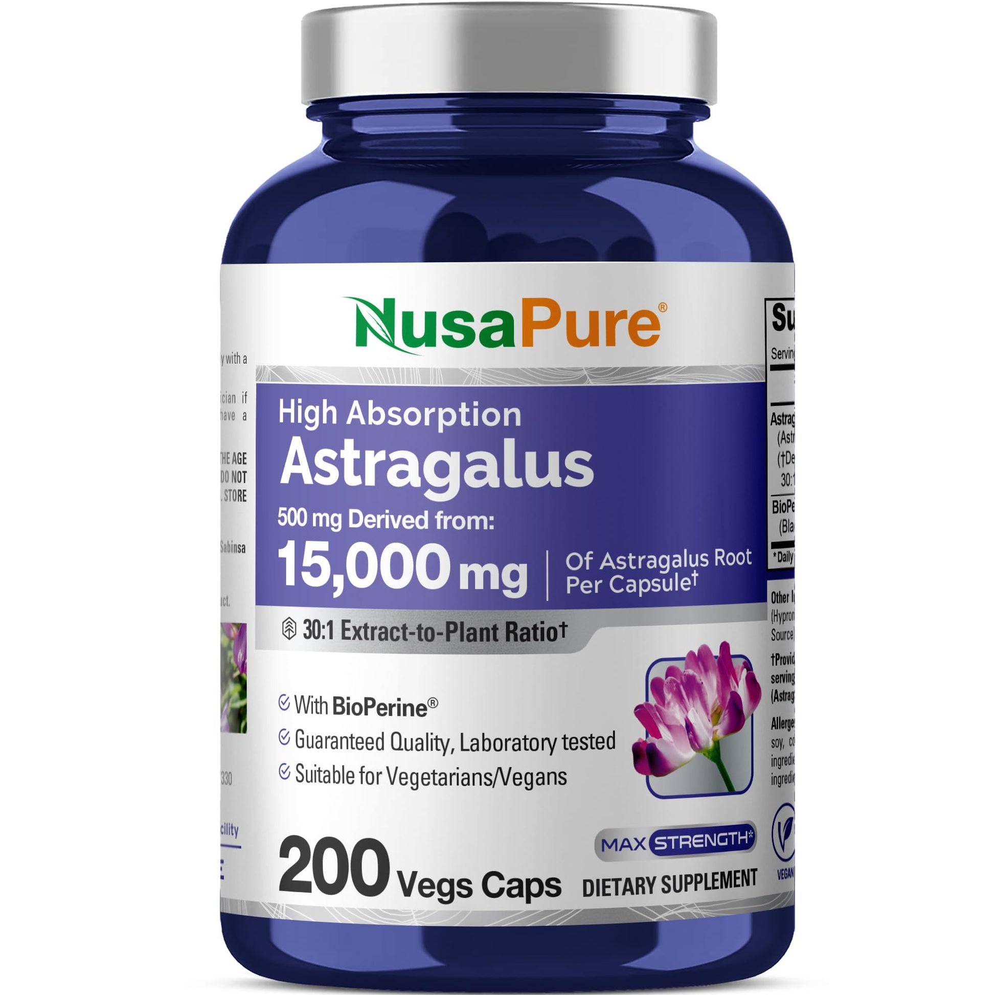 NusaPure Astragalus Root 30:1 Extract, 500 mg Equivalent to 15,000 mg 200 Veg Caps Suitable for Vegetarians and Vegans, Non-GMO NusaPureAu supplements