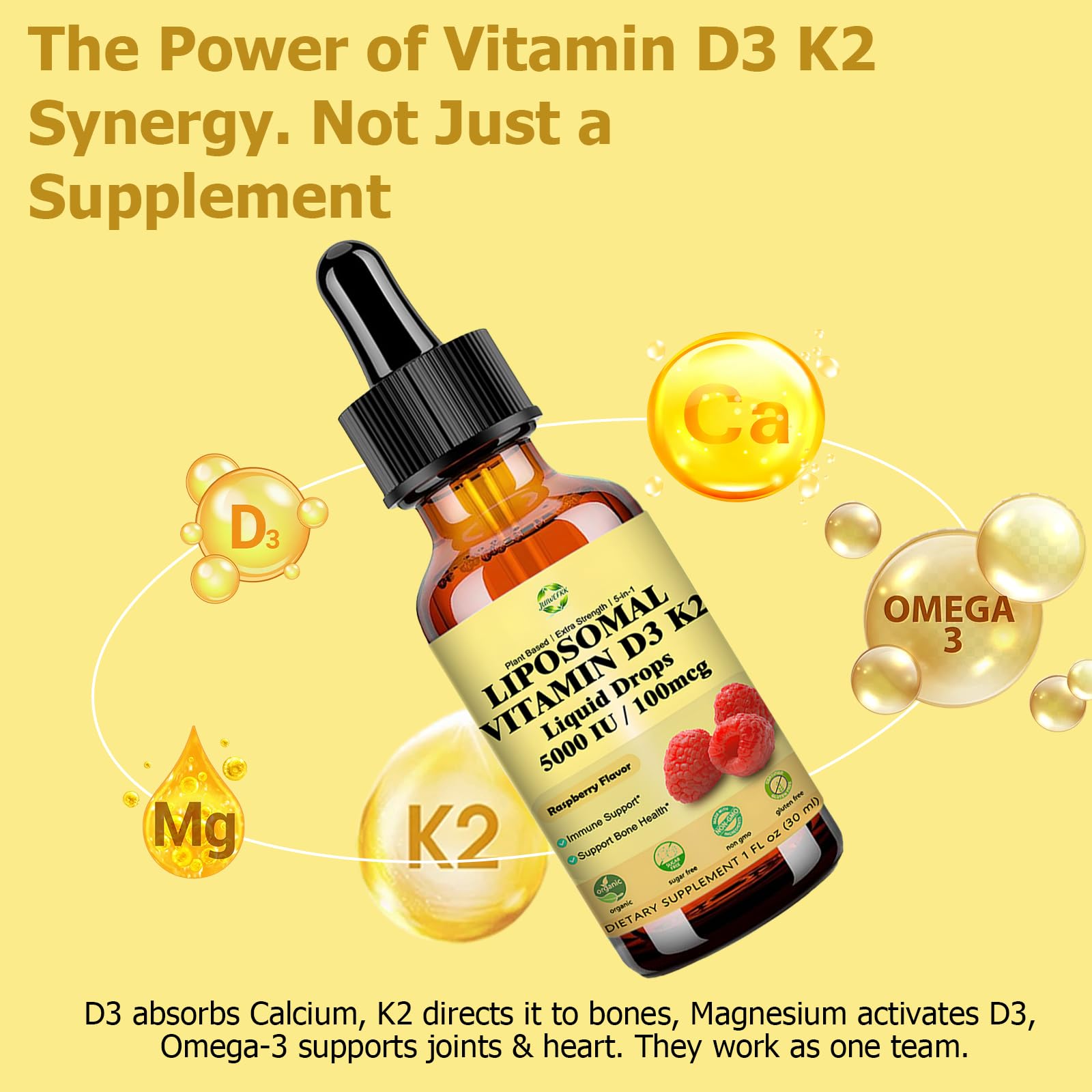 Liquid Vitamin D3 K2 Drops with Calcium Magnesium Omega3, High Potency 5-in-1 D3 K2 Vitamin 5000 IU Supplement for Bone Health, Heart Teeth & Immue, Ultra High Absorption Liposomal D3K2 Plant-Based JUIWEFKKAu supplements