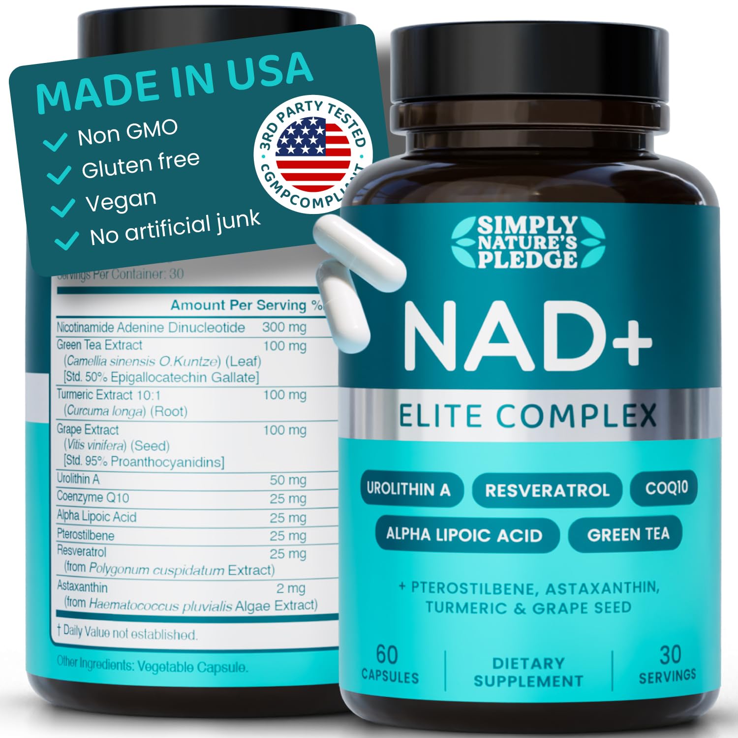 NAD+ Elite Complex – Direct NAD+ 300 mg with Urolithin A, Resveratrol, CoQ10 & Antioxidant Blend – Cellular Energy, Mitochondrial Support & Healthy Aging – Vegan, Non-GMO, 60 Capsules (30 Servings) Simply Nature's PledgeAu supplements