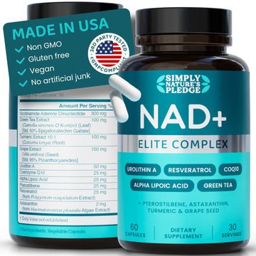 NAD+ Elite Complex – Direct NAD+ 300 mg with Urolithin A, Resveratrol, CoQ10 & Antioxidant Blend – Cellular Energy, Mitochondrial Support & Healthy Aging – Vegan, Non-GMO, 60 Capsules (30 Servings) Simply Nature's PledgeAu supplements