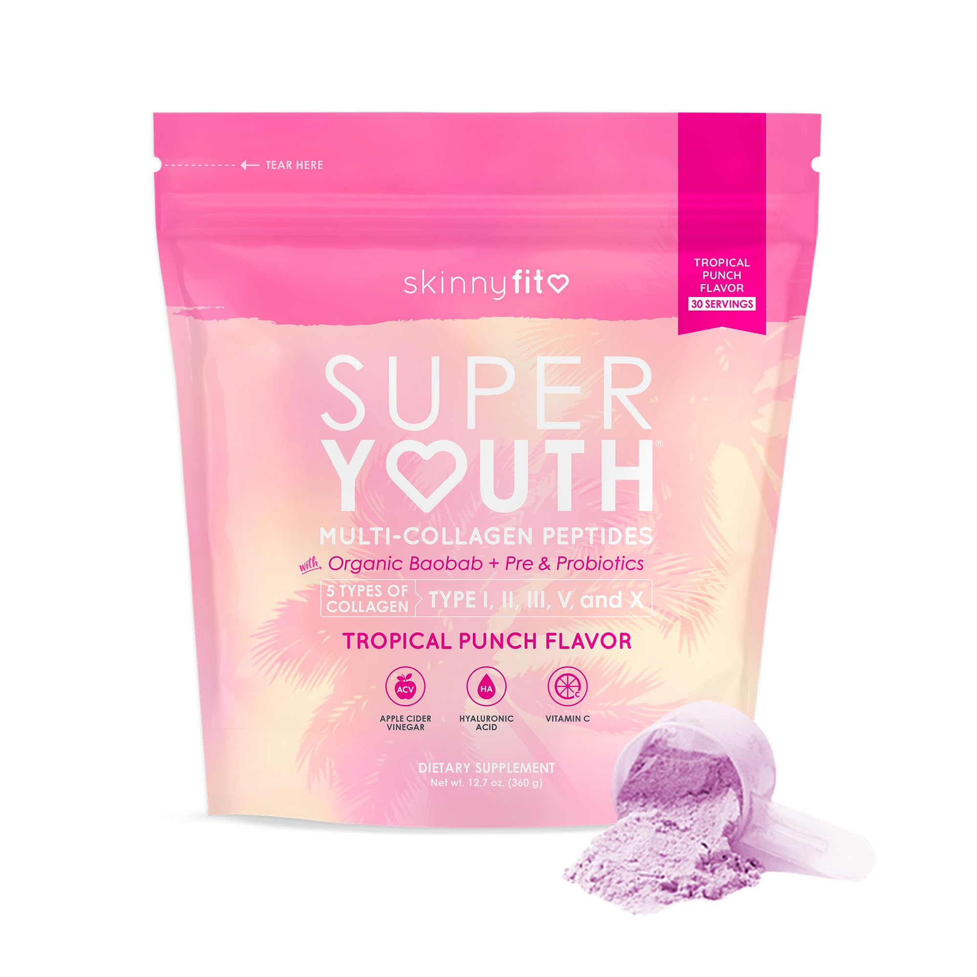 SkinnyFit Super Youth Tropical Punch Multi-Collagen Peptides + Probiotics, Baobab Fiber SkinnyFitUS supplements