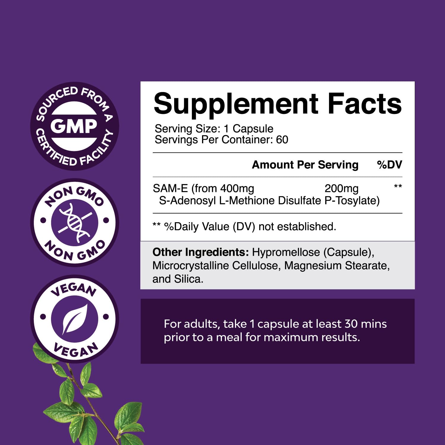 Sam-E 200mg Mood Support Supplement - S-Adenosyl Methionine Sam-E Supplement for Natural Relaxing Mood Boost Brain Support and Liver Detox Cleanse - Vegan Non-GMO and Gluten Free - 60 Count Natures CraftAu supplements