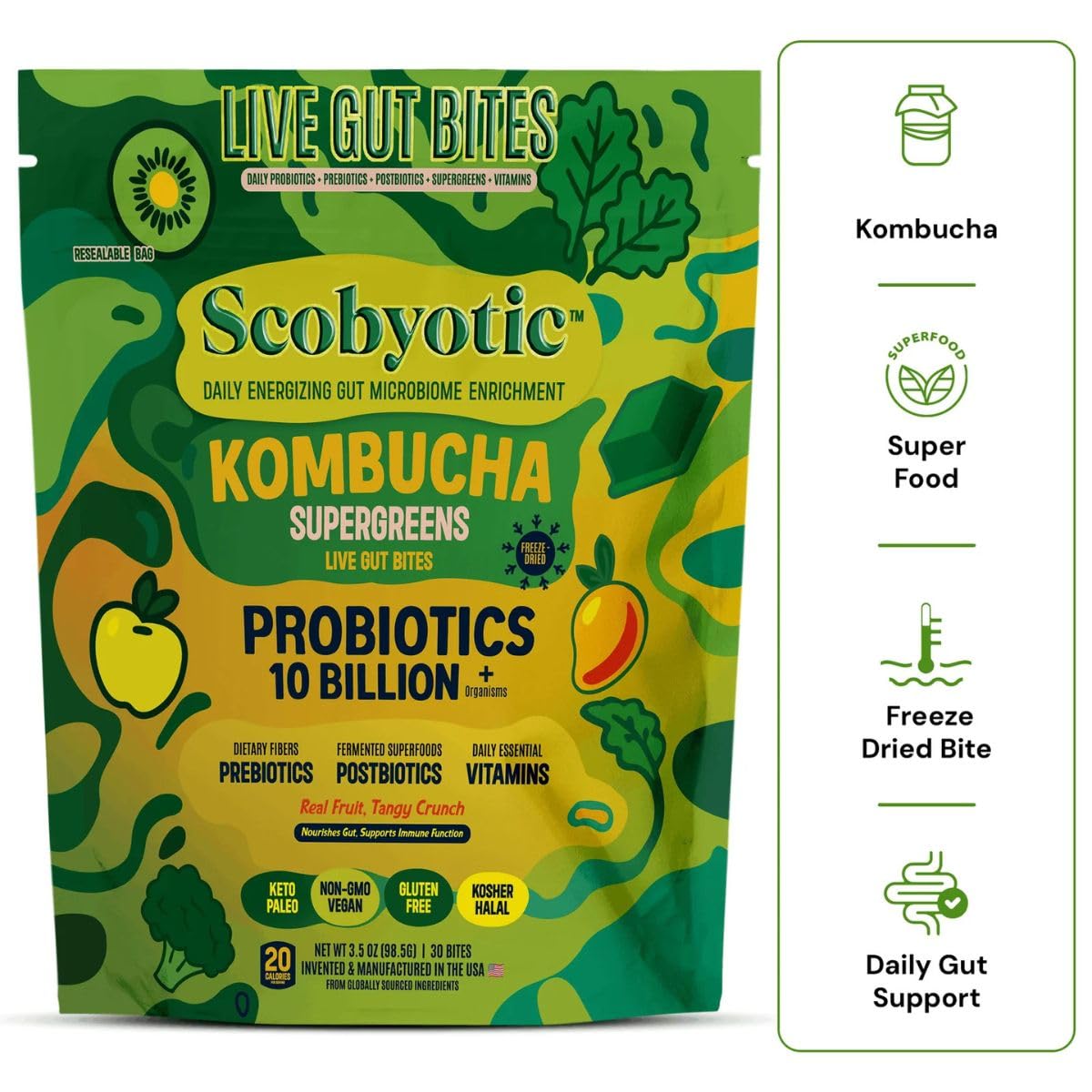 Scobyotic® Kombucha Supergreens Live Gut Bites – 10 Billion CFU Probiotics + Prebiotics & Postbiotics – Kombucha & Supergreens – Freeze-Dried Probiotic Supplement ScobyoticAu supplements