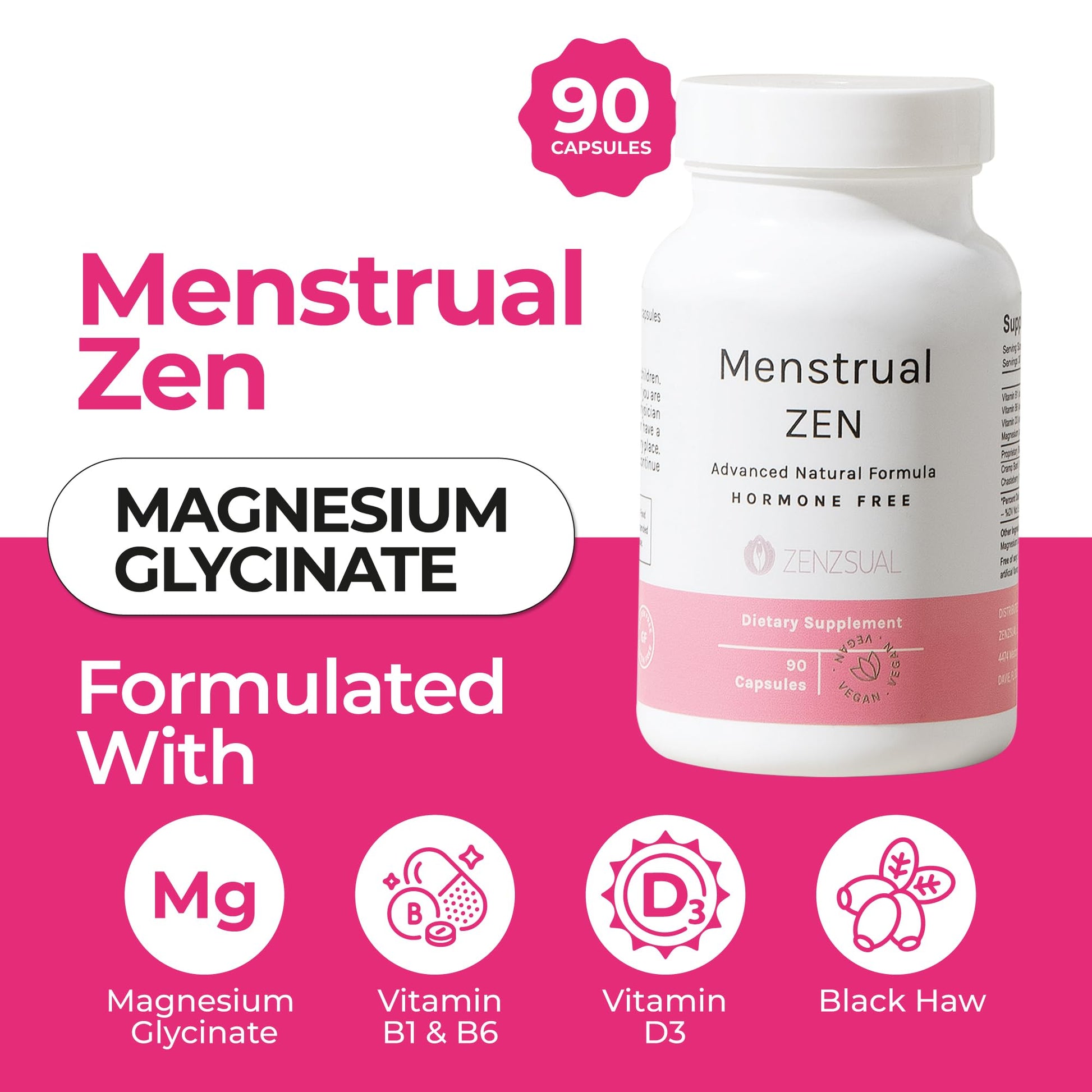 ZENZSUAL Menstrual Zen Natural and Hormone-Free Supplement – Support for Menstrual Cramps, Mood Swings and Period Pain – Diuretic Effect (90 Capsules / 2.7 Oz) ZENZSUALAu supplements