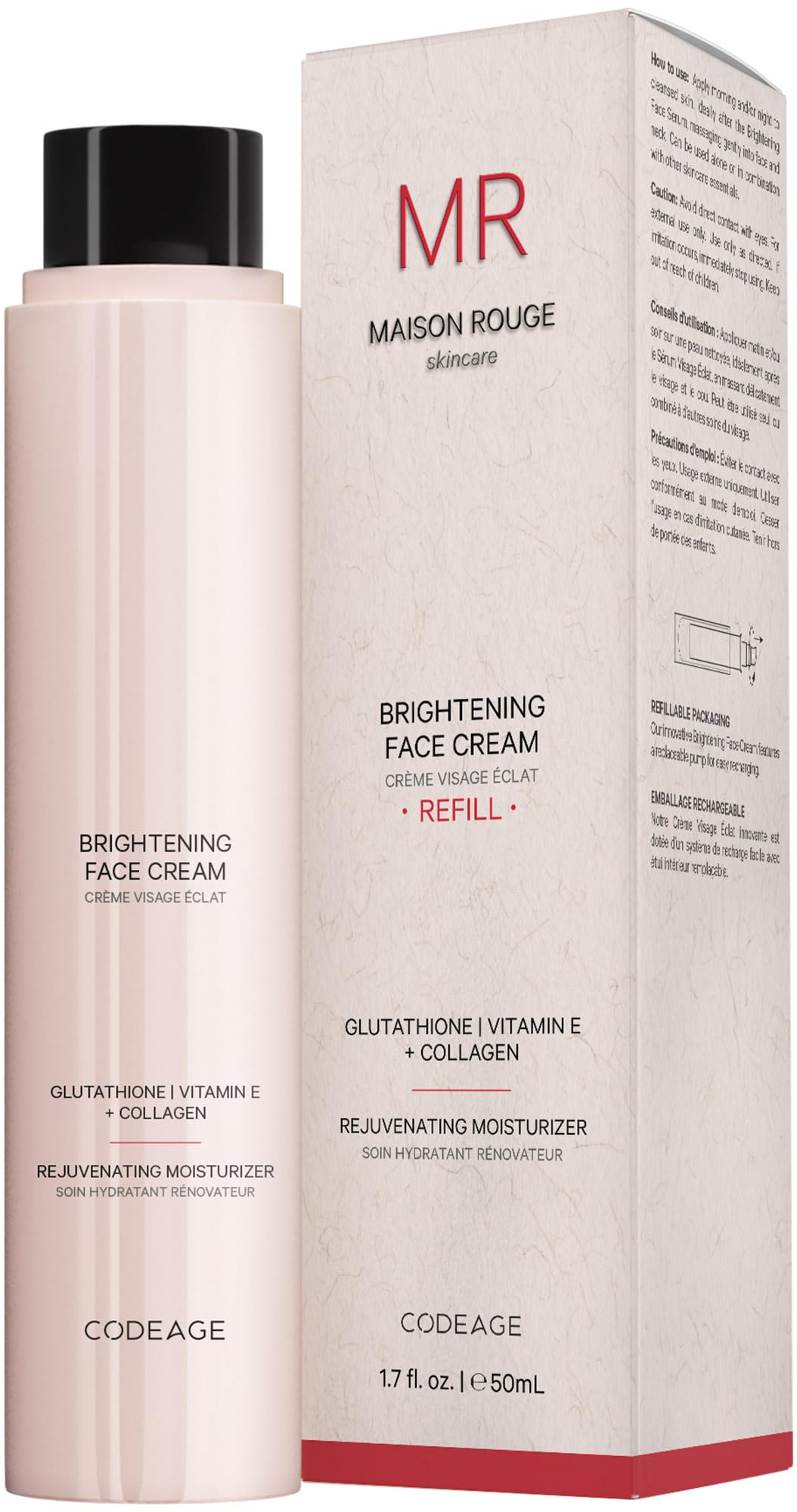 Codeage Maison Rouge Brightening Face Cream Refill Glutathione Cream, Collagen Peptides, Vitamin E, CoQ10 – Radiance & Antioxidant Complex – Paraben and Sulfates Free – Skin Care - 1.7 fl oz CodeageAu supplements