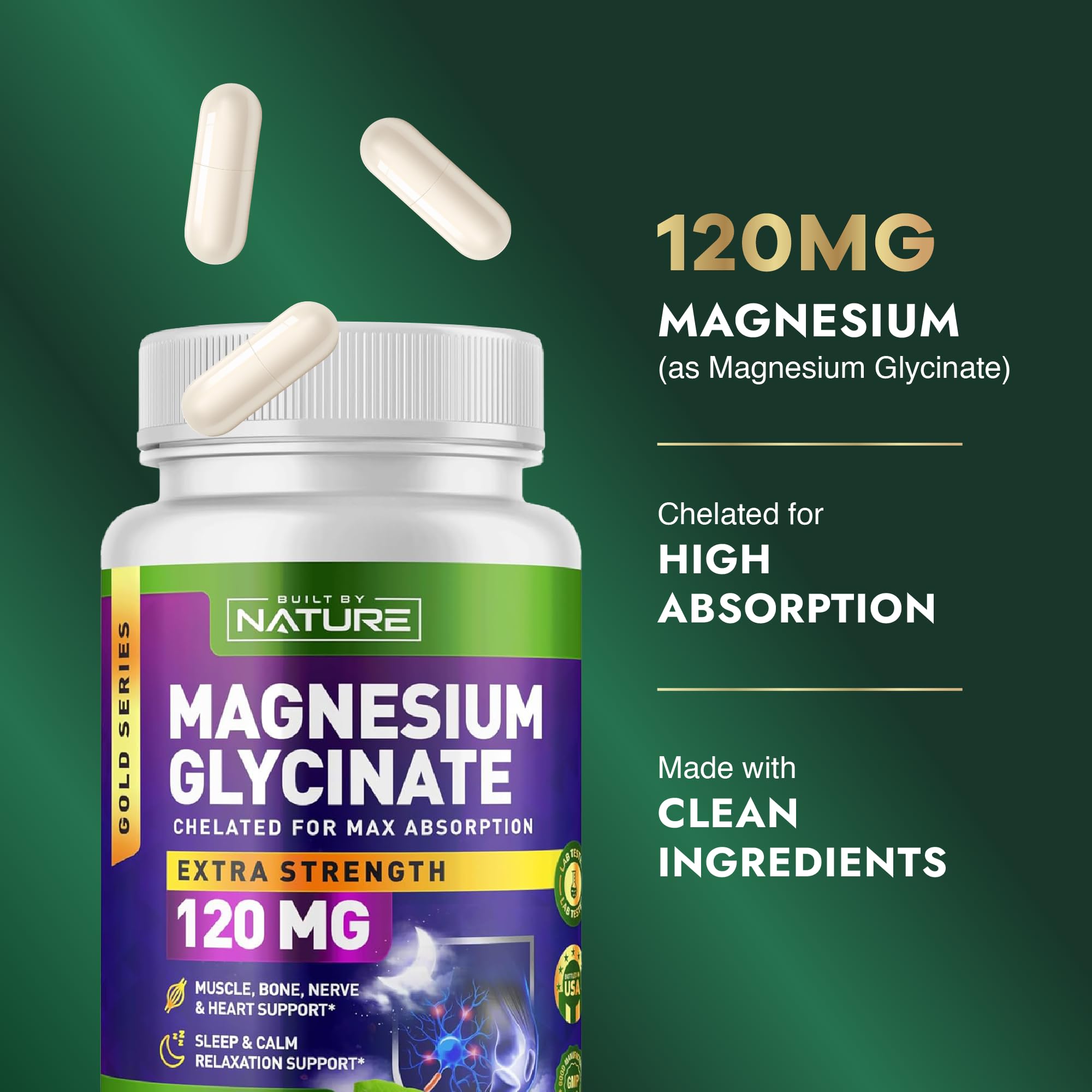 Built By Nature Magnesium Glycinate - Chelated for High Absorption – Supplement to Support Sleep, Muscle, Heart & Nerve Health - 120 mg Magnesium per Serving/Capsule - 90 Capsules Built by NatureAu supplements