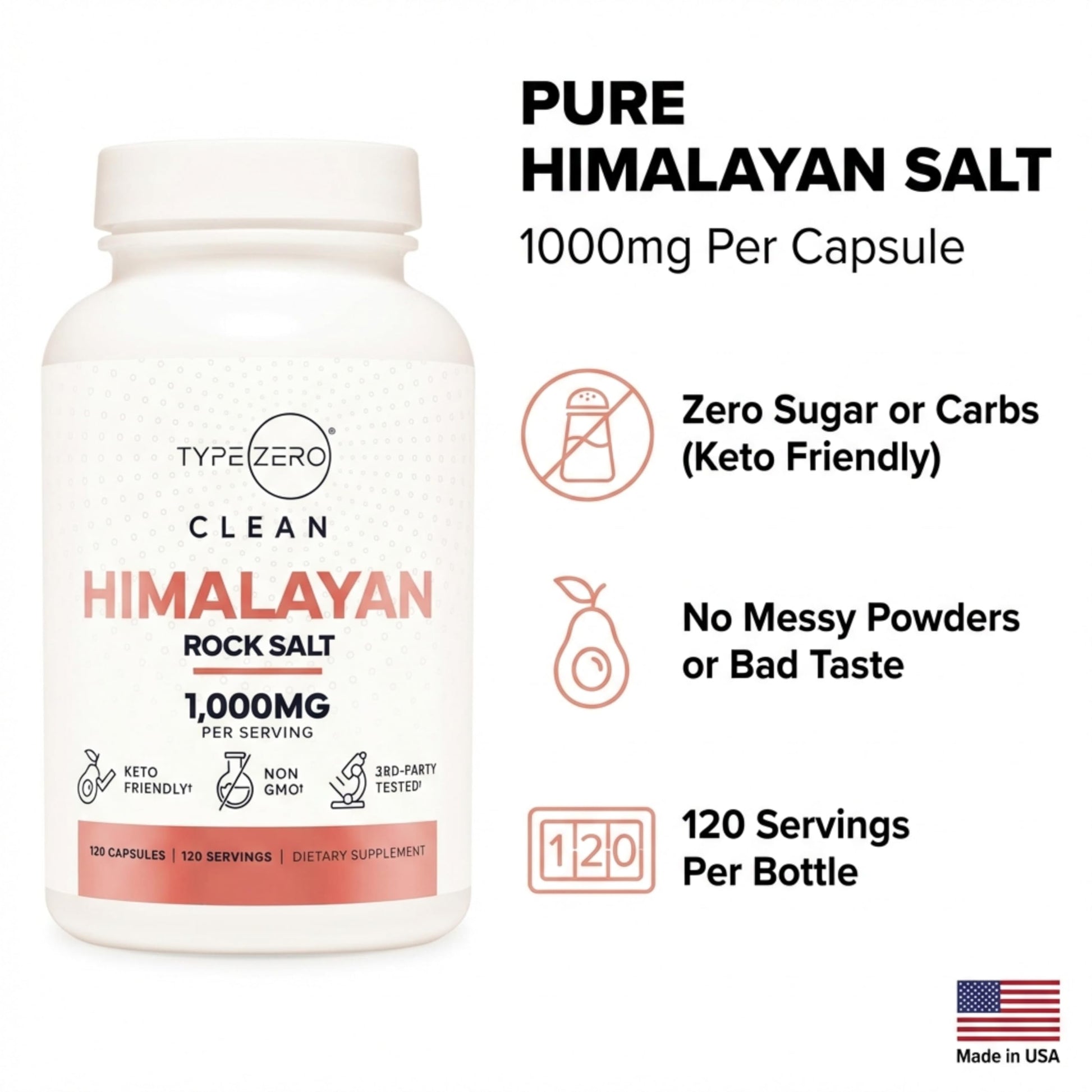 Type Zero Himalayan Rock Salt Capsules (120 Capsules) (1000mg per Serving) Type ZeroUS supplements