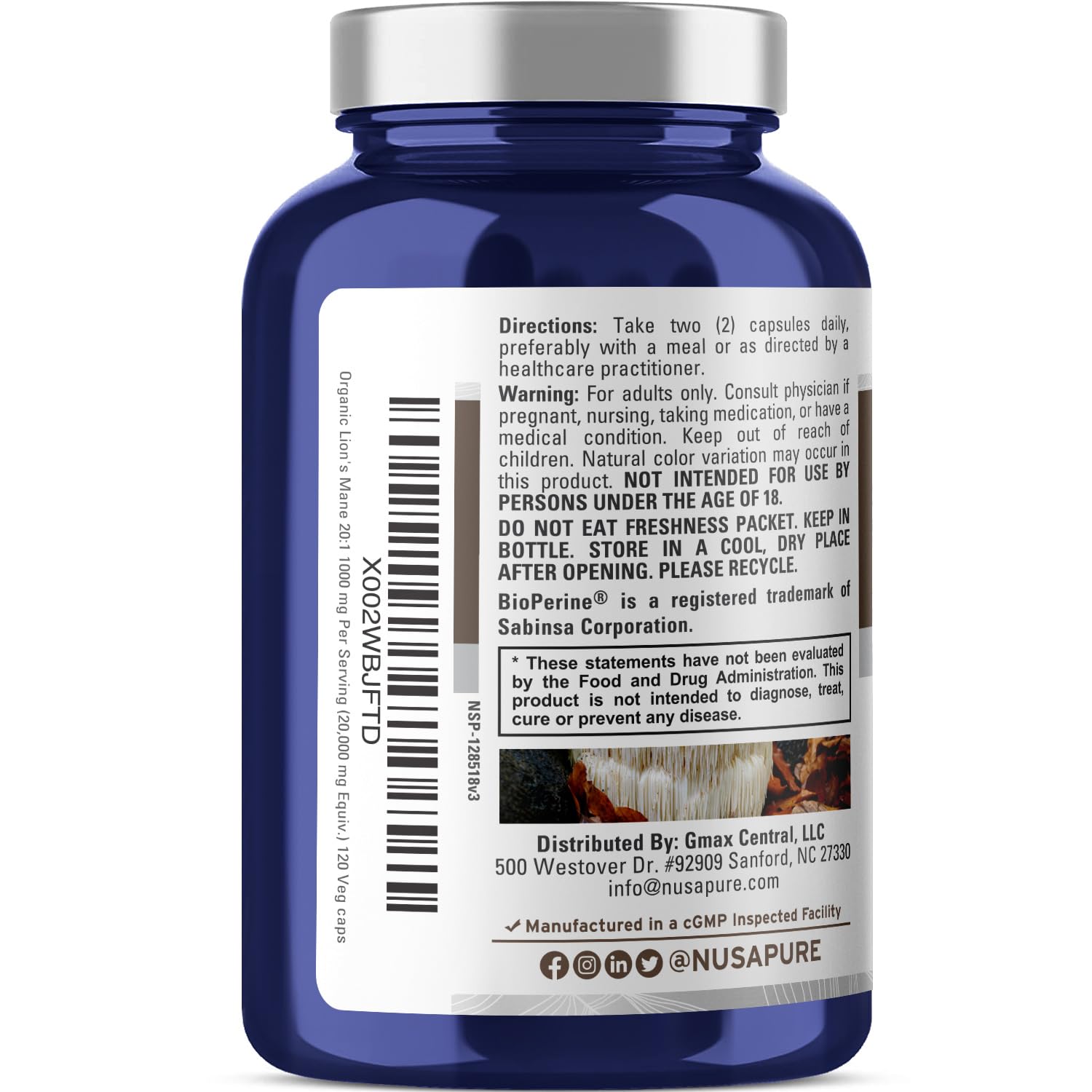 NusaPure Lions Mane 20:1 Extract (20,000 mg Equivalent) - Made with Organic Lion`s Mane, Bioperine - 30% Polysaccharides - 120 Veggie Caps. Non-GMO, Gluten Free NusaPureAu supplements