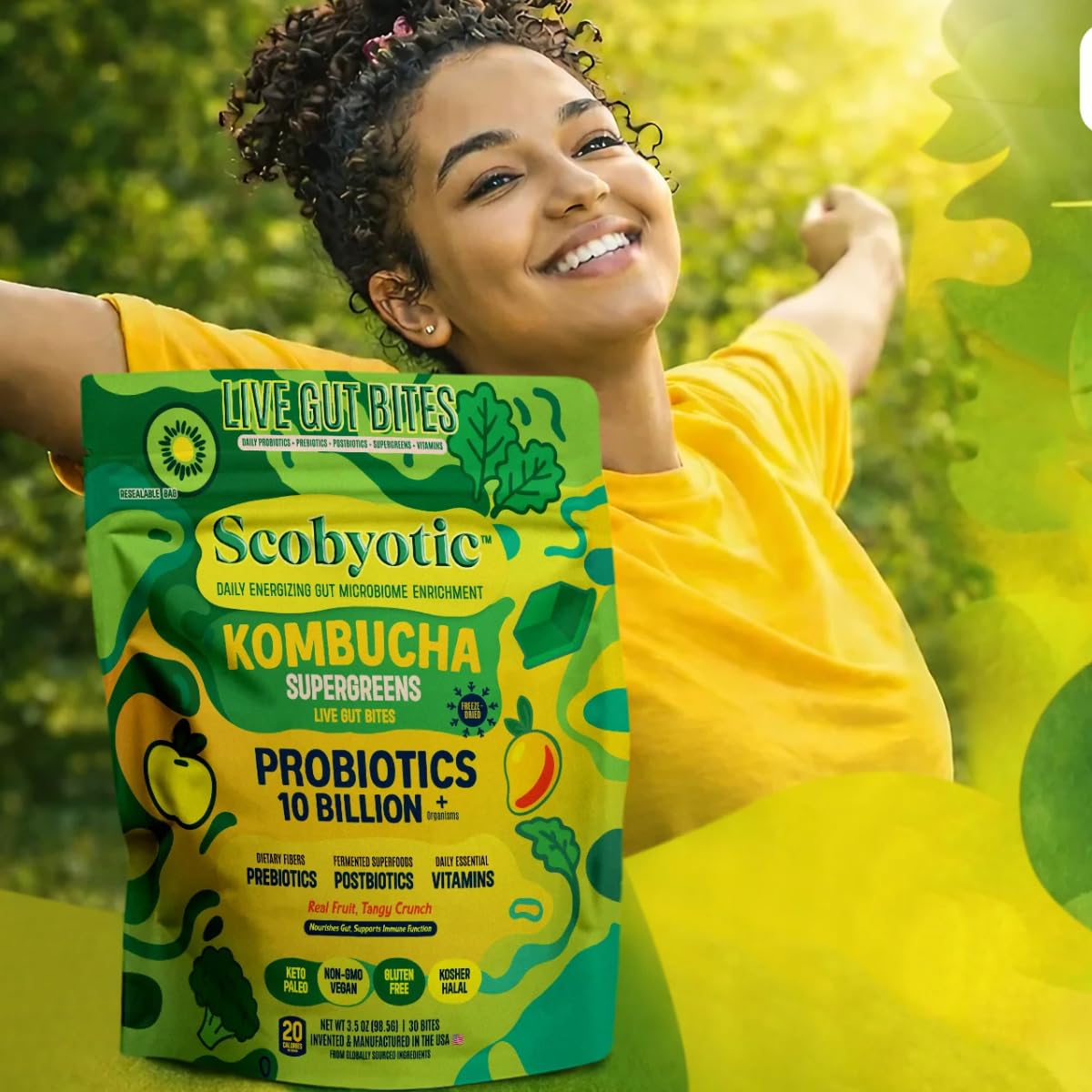 Scobyotic® Kombucha Supergreens Live Gut Bites – 10 Billion CFU Probiotics + Prebiotics & Postbiotics – Kombucha & Supergreens – Freeze-Dried Probiotic Supplement ScobyoticAu supplements
