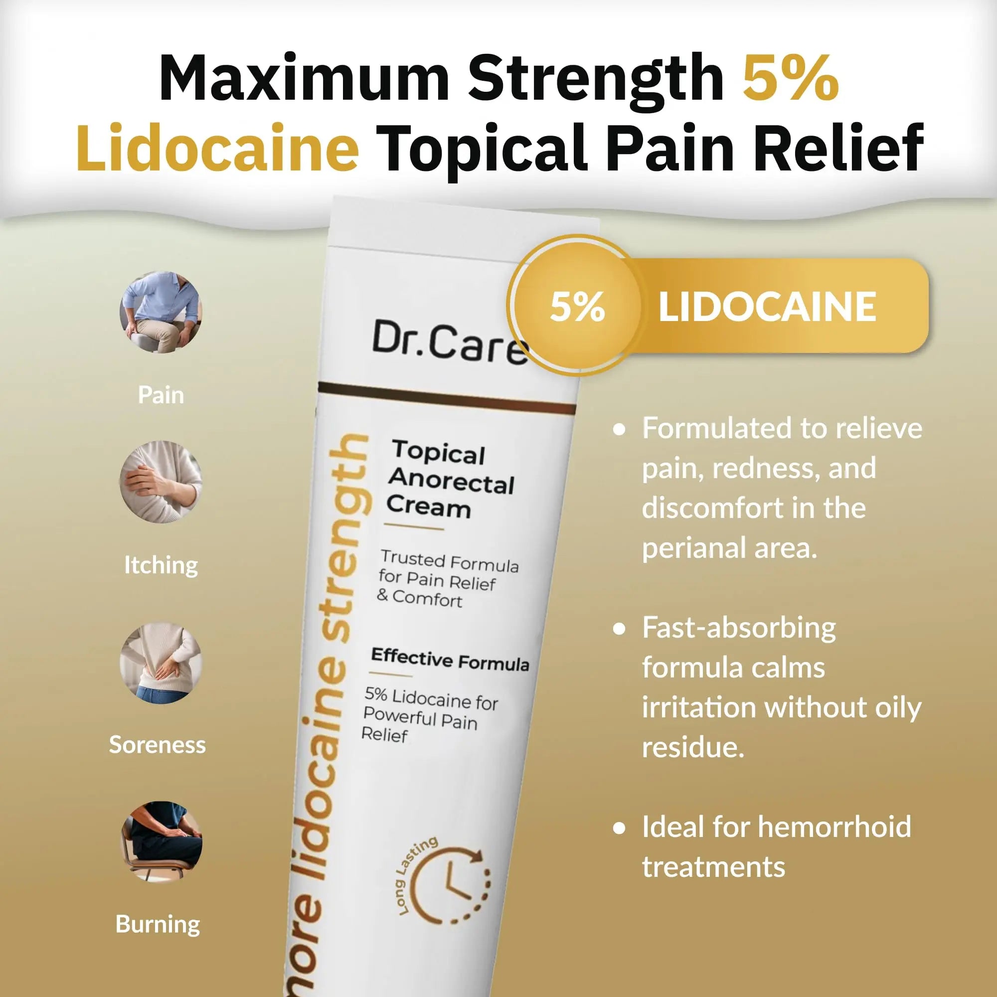 Dr Care Anorectal Cream with 5% Lidocaine - Maximum Strength Topical Anesthetic for Hemorrhoid Relief, Itching, & Burning (1.0 oz) Dr CareAu supplements