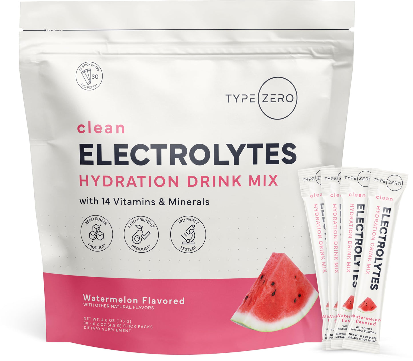 Type Zero Sugar Free Electrolytes Powder Packets + Clean Hydration Powder Stick Packs with 14 Vitamins and Minerals - Watermelon Flavor, 30 Servings Type ZeroUS supplements