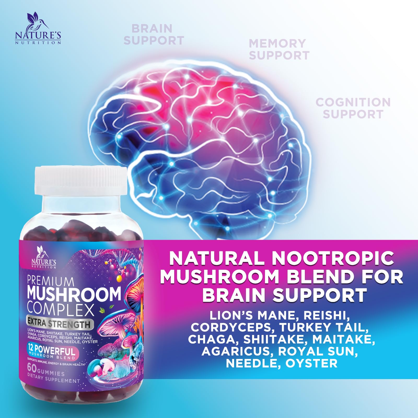 Mushroom Gummies Supplement 12 in 1 - High Grade Blend for Adults with Lions Mane, Reishi, Cordyceps, & Chaga Mushroom Complex Gummy, Memory & Immune Support & Nootropic Brain Supplements - 60 Gummies Nature's NutritionAu supplements