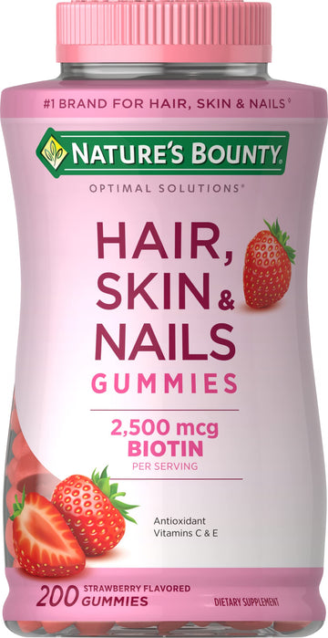 Nature's Bounty Optimal Solutions Hair, Skin and Nails Gummies with Biotin, 2500 mcg, Strawberry Flavored, 200 Count, 100 Total Servings Nature's BountyAu supplements