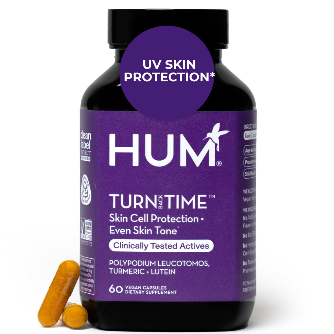 HUM Turn Back Time Turmeric Supplement for Youthful Looking Skin Support with Green Tea Extract, Lutein & Polyphenols, Skin Care Aging & Collagen Support Capsules for Even Tone, 60 Vegan Capsules HUMUS supplements
