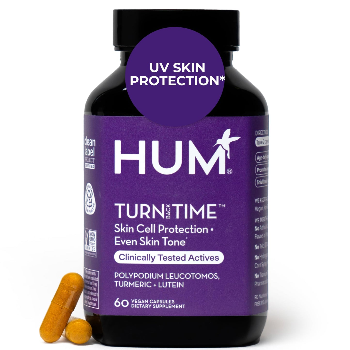 HUM Turn Back Time Turmeric Supplement for Youthful Looking Skin Support with Green Tea Extract, Lutein & Polyphenols, Skin Care Aging & Collagen Support Capsules for Even Tone, 60 Vegan Capsules HUMUS supplements