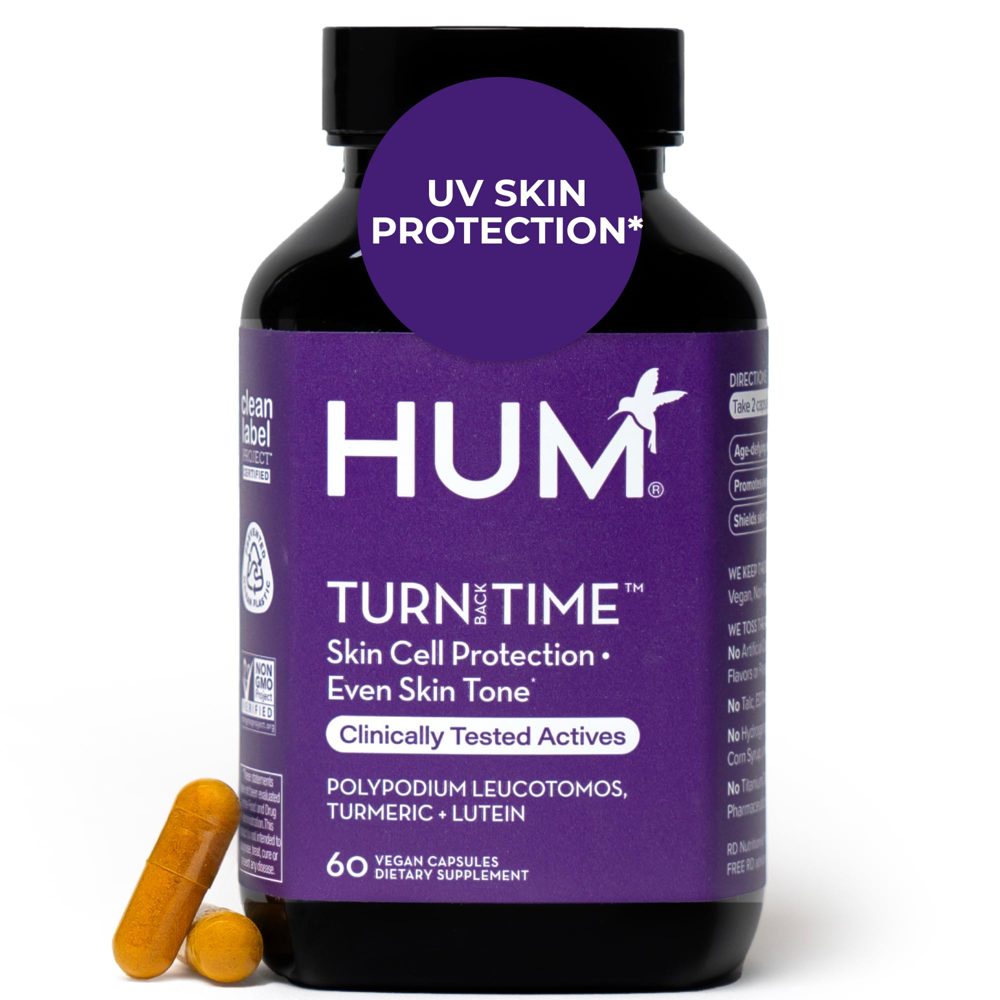HUM Turn Back Time Turmeric Supplement for Youthful Looking Skin Support with Green Tea Extract, Lutein & Polyphenols, Skin Care Aging & Collagen Support Capsules for Even Tone, 60 Vegan Capsules HUMUS supplements