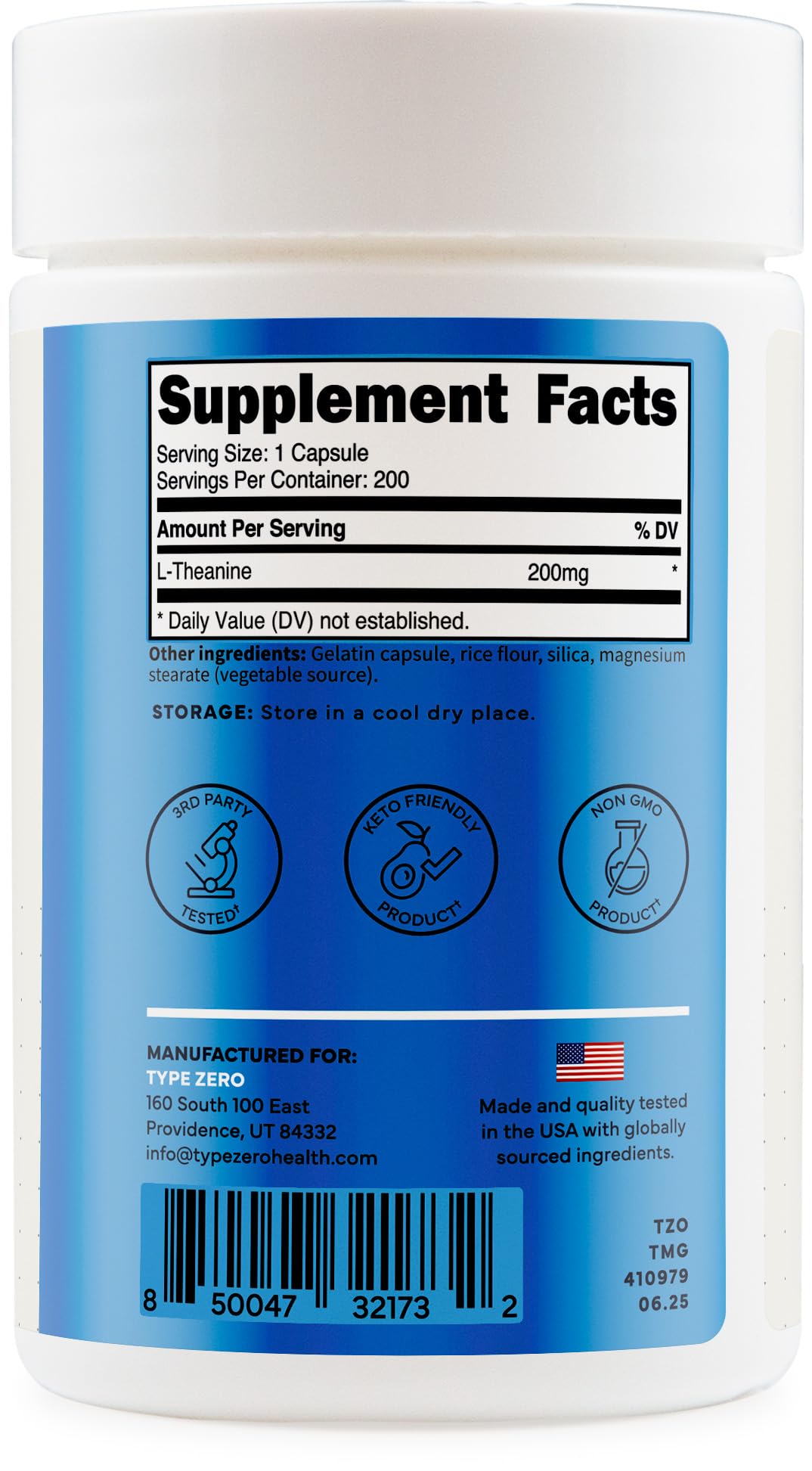 Type Zero L-Theanine (200mg) 200 Capsules - Clean L-Theanine Supplement, Keto, GMO-Free Type ZeroUS supplements