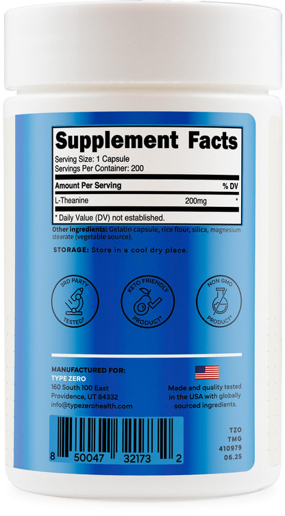 Type Zero L-Theanine (200mg) 200 Capsules - Clean L-Theanine Supplement, Keto, GMO-Free Type ZeroUS supplements