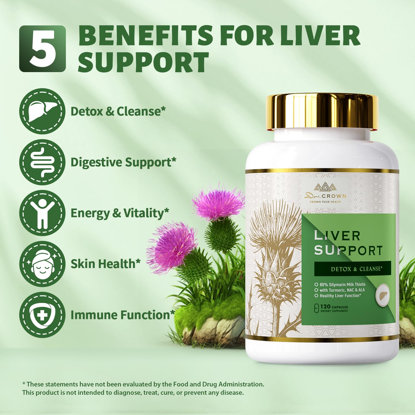 DR. Crown Liver Cleanse Detox & Repair - Milk Thistle Supplement, with Silymarin, N-Acetyl Cysteine(NAC), Artichoke, Turmeric & Dandelion for Liver Detox, Cleanse, Gluten Free, Non-GMO - 120 Capsules DR. CROWNAu supplements
