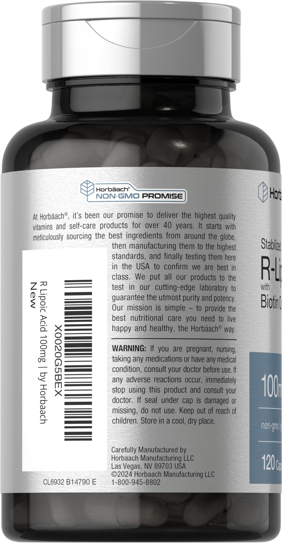 R-Lipoic Acid 100 mg | 120 Capsules | with Biotin Optimizer | Non-GMO, Gluten Free HorbäachAu supplements