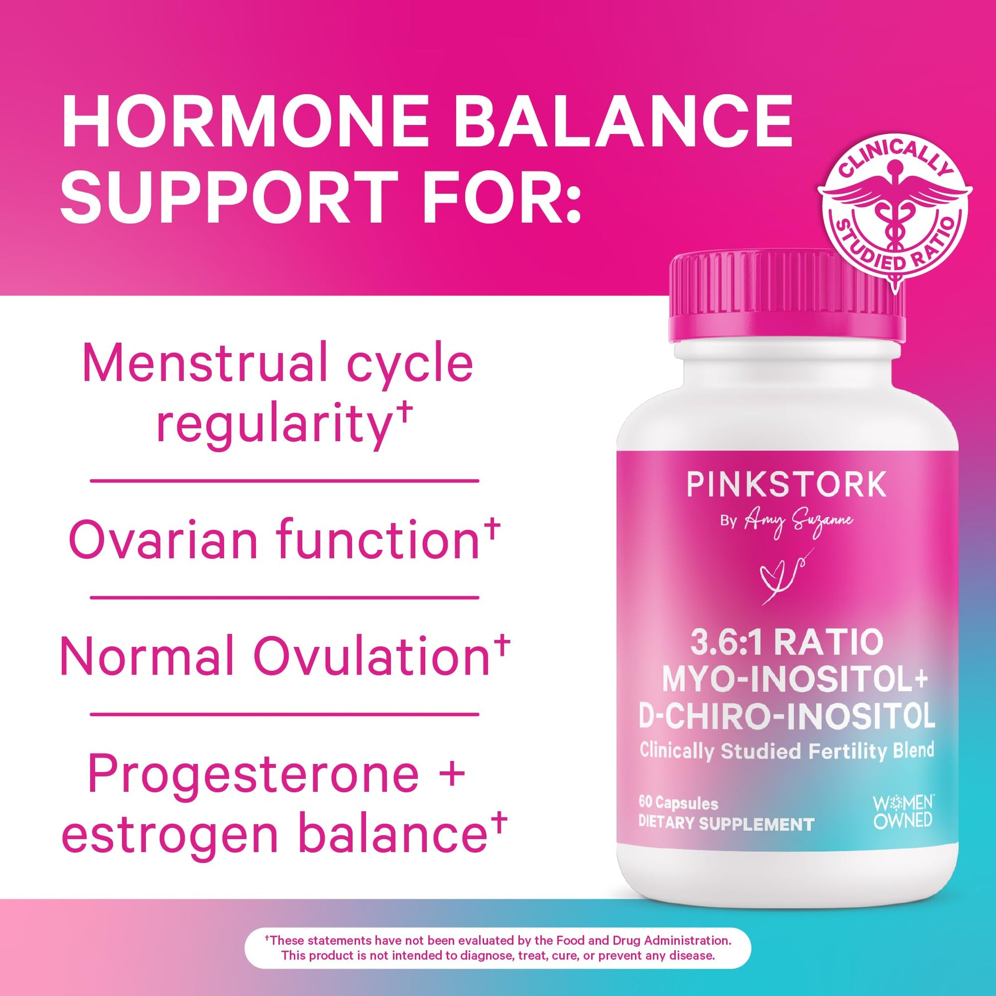 Pink Stork Myo-Inositol & D-Chiro Inositol: 3.6:1 Blend to Support Fertility, Hormone Balance for Women - Ovarian Function, Ovulation, Conception, and Period Support Supplement - 60 Capsules Pink StorkAu supplements
