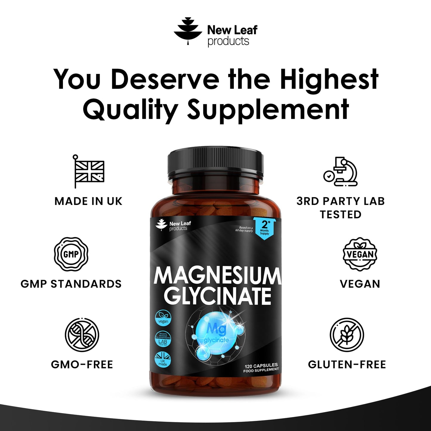 Magnesium Glycinate Supplements - 1040mg of Magnesium - 120 High Strength Capsules NEW LEAF PRODUCTSUS supplements