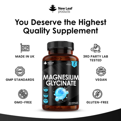 Magnesium Glycinate Supplements - 1040mg of Magnesium - 120 High Strength Capsules NEW LEAF PRODUCTSUS supplements