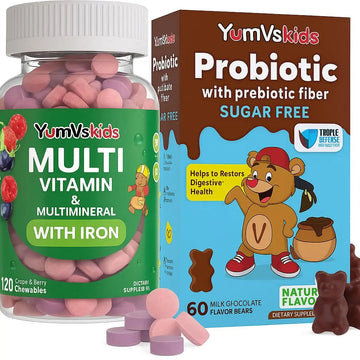 YUM-V'S Probiotics & Multivitamin Bundle for Kids – Probiotic with Prebiotic Fiber Chocolate Bears + Multivitamin & Multimineral with Iron Chewables – Digestive, Immune & Overall Health Support YUM-V'SAu supplements