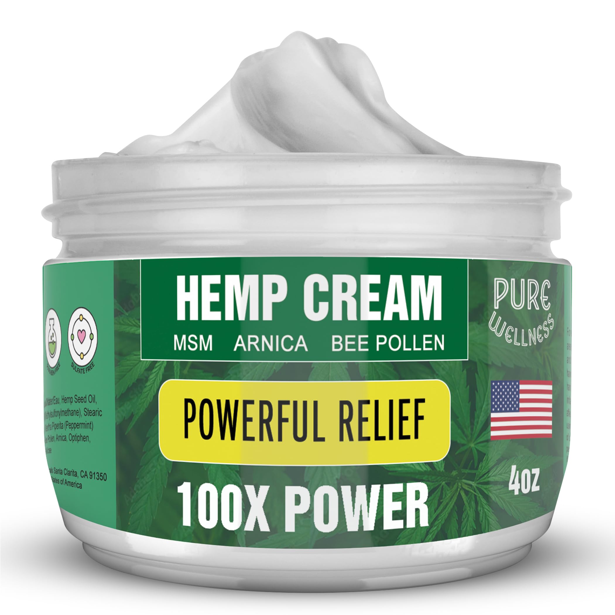 Pure Wellness Hemp Cream Maximum Strength 100,000mg with MSM, Arnica & Bee Pollen - 4 Oz, Supports Relief & Soothing from Joint, Muscle, Shoulder, Back, Knee and Nerve Discomfort - 1 Pack Pure WellnessAu supplements