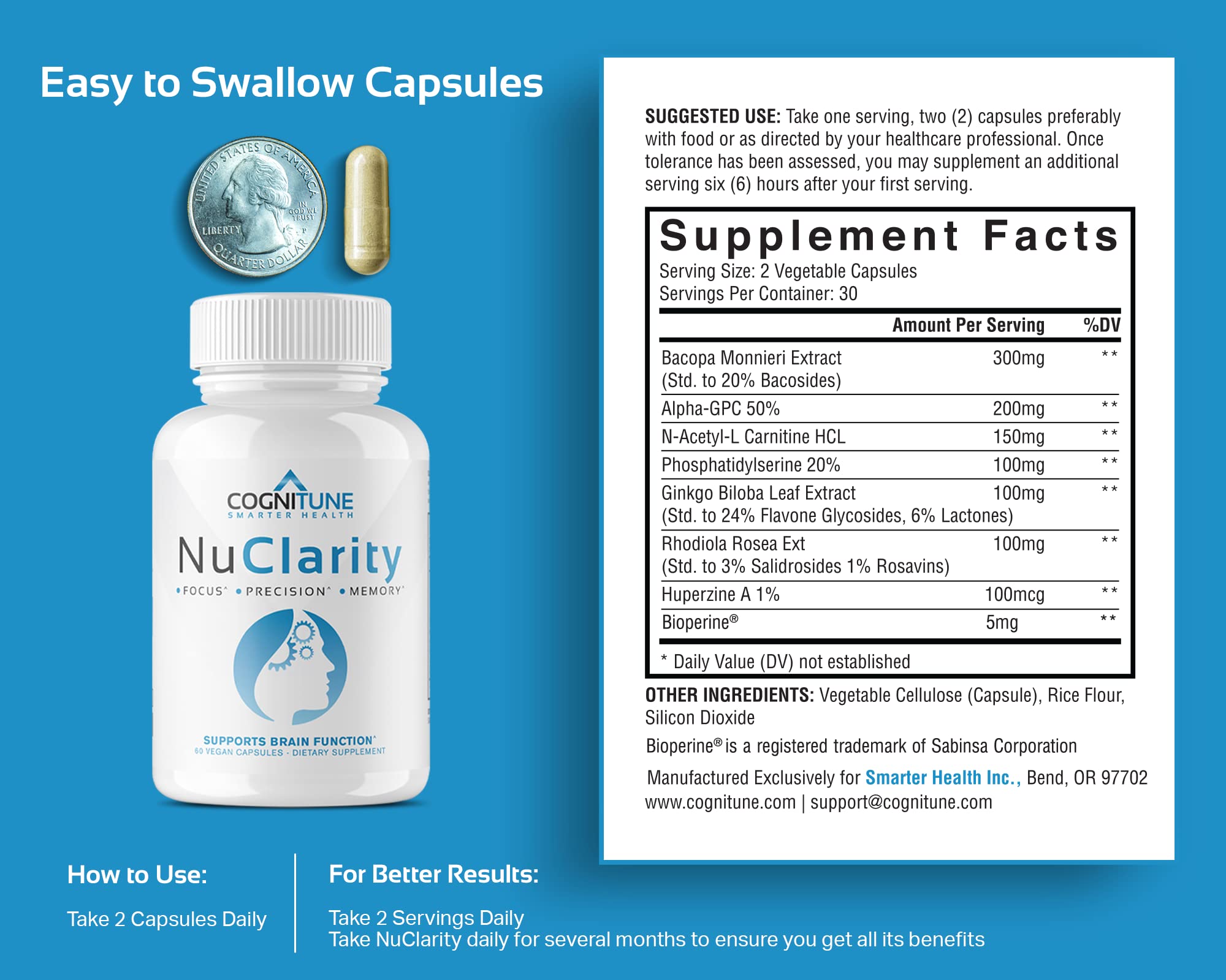 CogniTune NuClarity Brain Supplement for Memory and Focus - Caffeine-Free Nootropic for Mental Clarity Without Jitters - with Ginkgo Biloba, Bacopa Monnieri, Alpha-GPC for Cognitive Support CogniTuneAu supplements