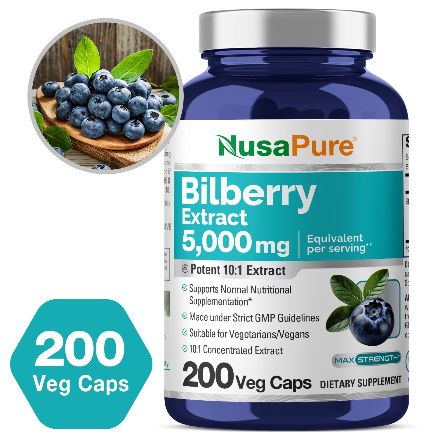 NusaPure Bilberry Extract 5,000mg 200 Vegetarian caps (Non-GMO, Vegan) NusaPureAu supplements