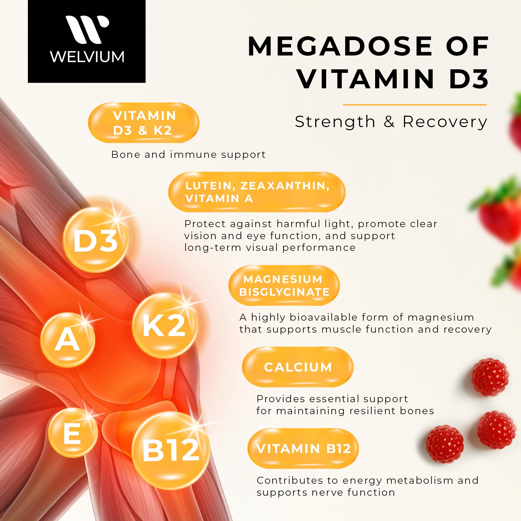 WELVIUM Vitamin D3 K2 Gummies 10000 IU with Magnesium Glycinate, Calcium, B12, K2 MK-7, Vitamins A, E, Lutein, Zeaxanthin - ADK Chewable Supplement for Bone, Eye, Immune Support - D3K2 Gummies WELVIUMAu supplements