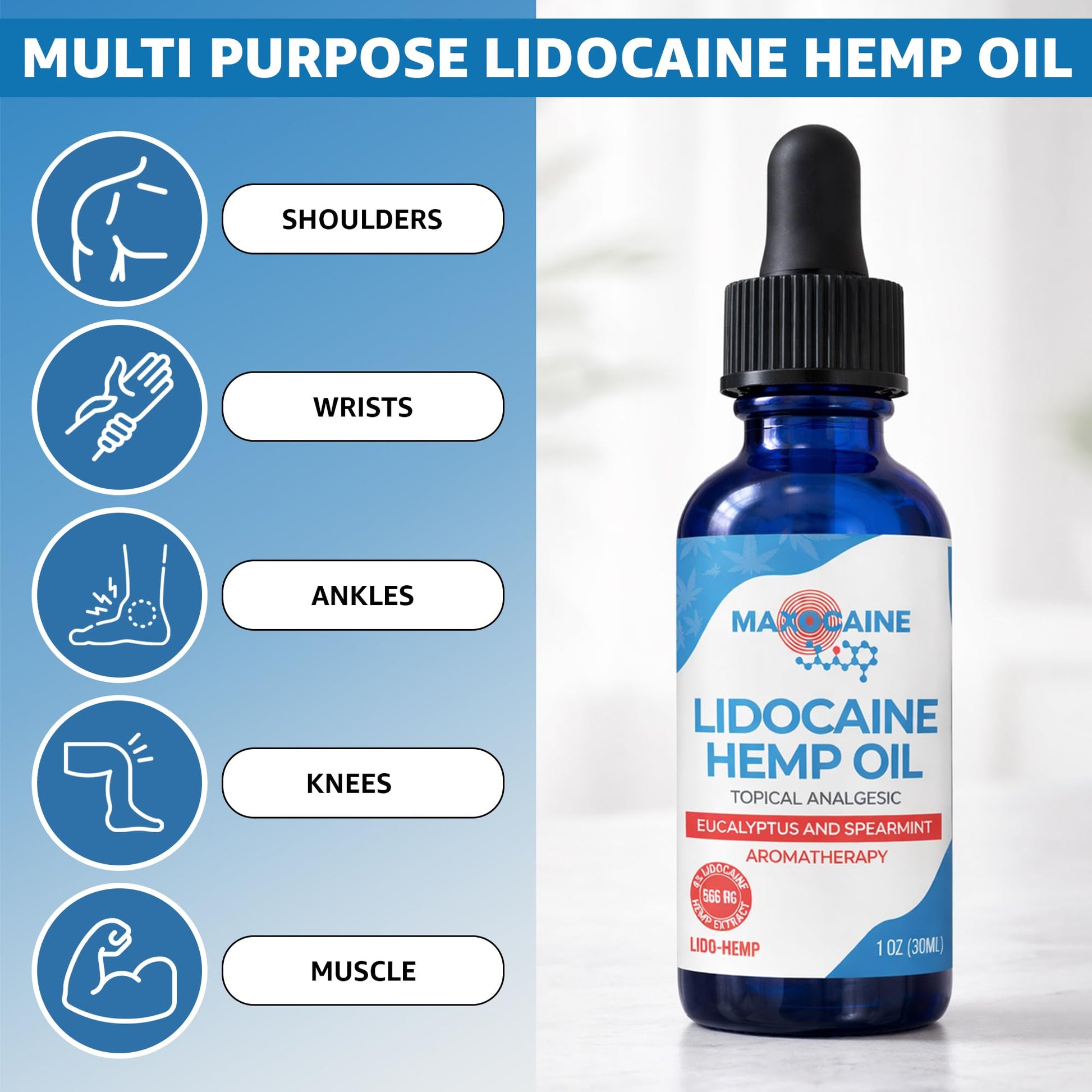 MAXOCAINE Lidocaine Hemp Oil 4% - Maximum Strength Topical Pain Relief, Fast Acting Soothing Oil for Muscle, Joint, Back & Arthritis Support, Cooling Eucalyptus & Spearmint, 1 oz (30 ml) MAXOCAINEAu supplements